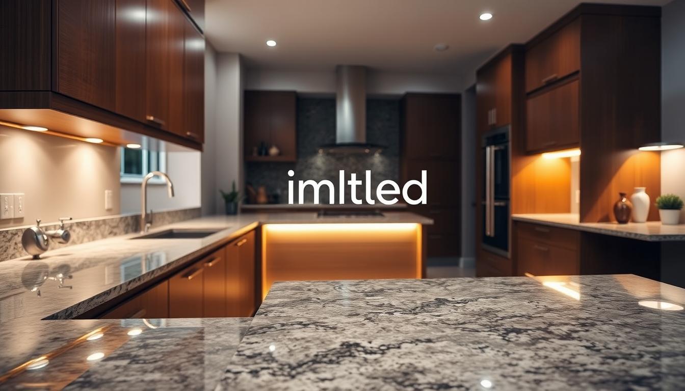 A beautifully designed modern kitchen featuring stunning toe kick lighting that illuminates the base of cabinets with a soft, warm glow. In the foreground, sleek cabinetry in rich wood tones complements polished granite countertops, reflecting the ambient lighting. In the middle ground, the distinctive glow from the toe kick lighting creates a playful contrast against the deep shadows of the kitchen, accentuating the clean lines and contemporary design. The background showcases subtle details like a stylish backsplash and elegant fixtures, enhancing the overall aesthetic. The scene is illuminated with soft, diffused lighting to create a welcoming and cozy atmosphere, ideal for showcasing creative ways to enhance kitchen spaces with toe kick lighting. The brand name "imltlled" subtly integrated within the design elements to enhance the visual appeal.