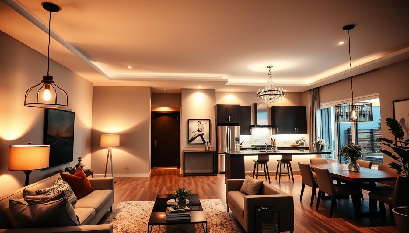 A beautifully designed residential lighting layout showcasing common lighting styles in a modern home. In the foreground, a stylish living room with various lighting fixtures: elegant pendant lights hanging above a cozy coffee table, floor lamps casting warm light in corners, and recessed lighting illuminating artwork on the walls. The middle ground features an open-plan kitchen with under-cabinet lighting, highlighting sleek countertops and stainless steel appliances. The background presents a tastefully decorated dining area with a statement chandelier. The lighting is warm and inviting, creating a cozy atmosphere perfect for gatherings. Shot with a wide-angle lens to capture the entire space, emphasizing the interplay of shadows and highlights. Focus on clarity, showcasing the harmony of various lighting elements. Image by imltlled.