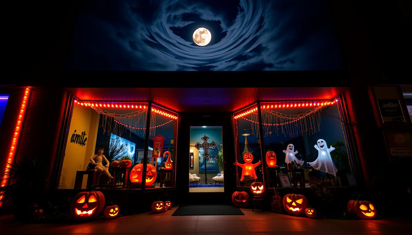 A beautifully illuminated storefront designed for Halloween, featuring various spooky lighting solutions. In the foreground, glowing orange and purple LED lights outline the windows and door, creating a welcoming yet eerie atmosphere. The middle ground showcases a cheerful display of Halloween decorations, including carved pumpkins and whimsical ghost figures, all brightly lit. The background reveals a night sky with a full moon peeking through thin, wispy clouds, enhancing the overall ambiance. The scene is captured with a wide-angle lens to emphasize the vibrant colors and festive feel. The mood is enchanting and inviting, perfectly suited for businesses looking to engage customers. Brand name "imltlled" subtly integrated into the lighting design, maintaining a professional appearance.