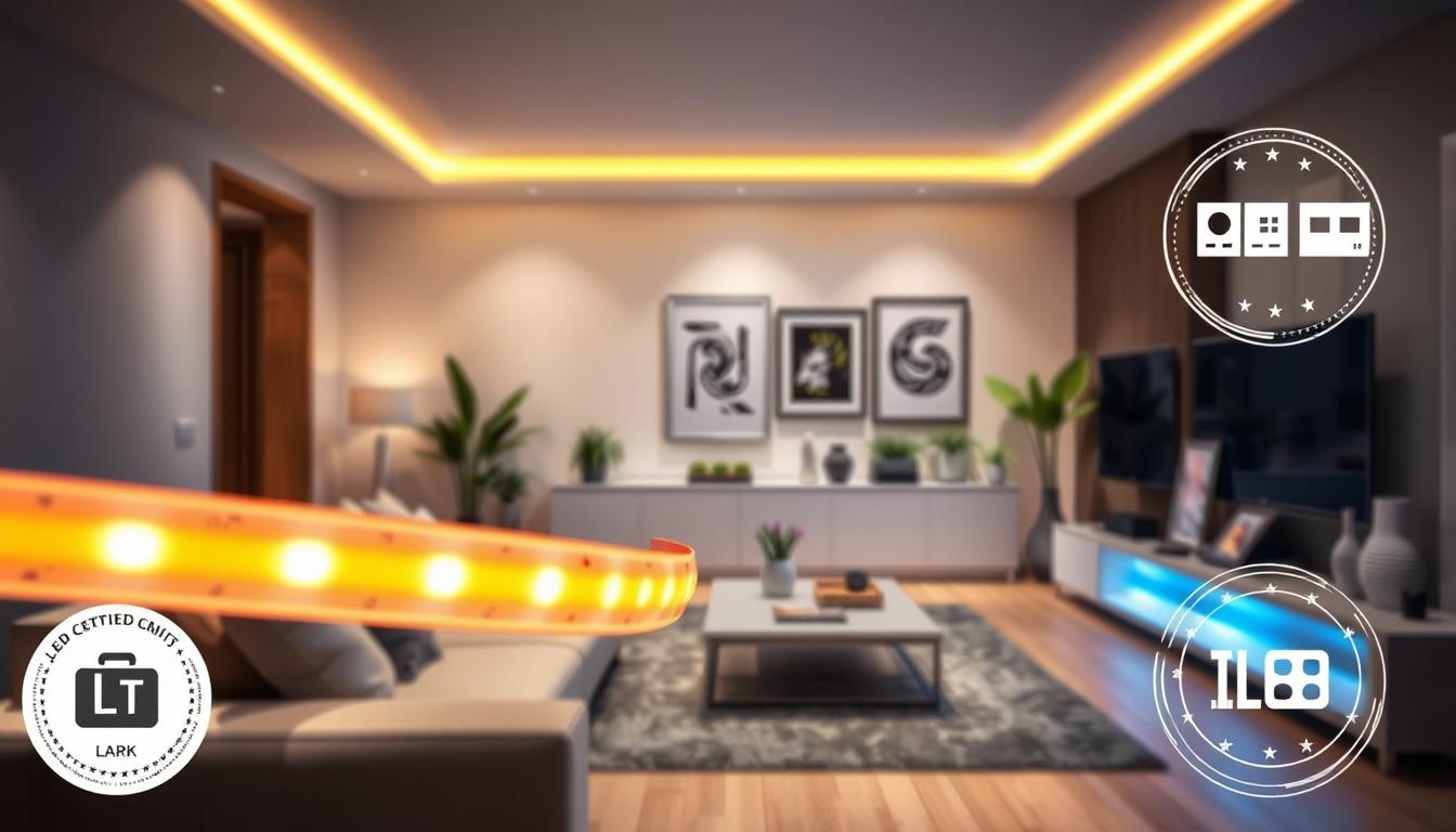 A brightly lit scene showcasing "imltlled" certified LED strip lighting installed in a modern, minimalist home setting. In the foreground, a close-up of the sleek, soft glow of the LED strips highlights their vibrant colors, illuminating elegant furniture. In the middle ground, a stylish living room is visible, featuring a neutral color palette complemented by the ambient light from the strips. The background captures a well-decorated wall with decorative plants and artwork, enhancing the atmosphere of coziness and innovation. The lighting emits a warm yet energizing mood, emphasizing the importance of consumer awareness in selecting certified products. The camera angle is slightly overhead, giving a comprehensive view of the integration of LED lights into home decor, focusing on clarity and detail while eliminating any distracting elements.