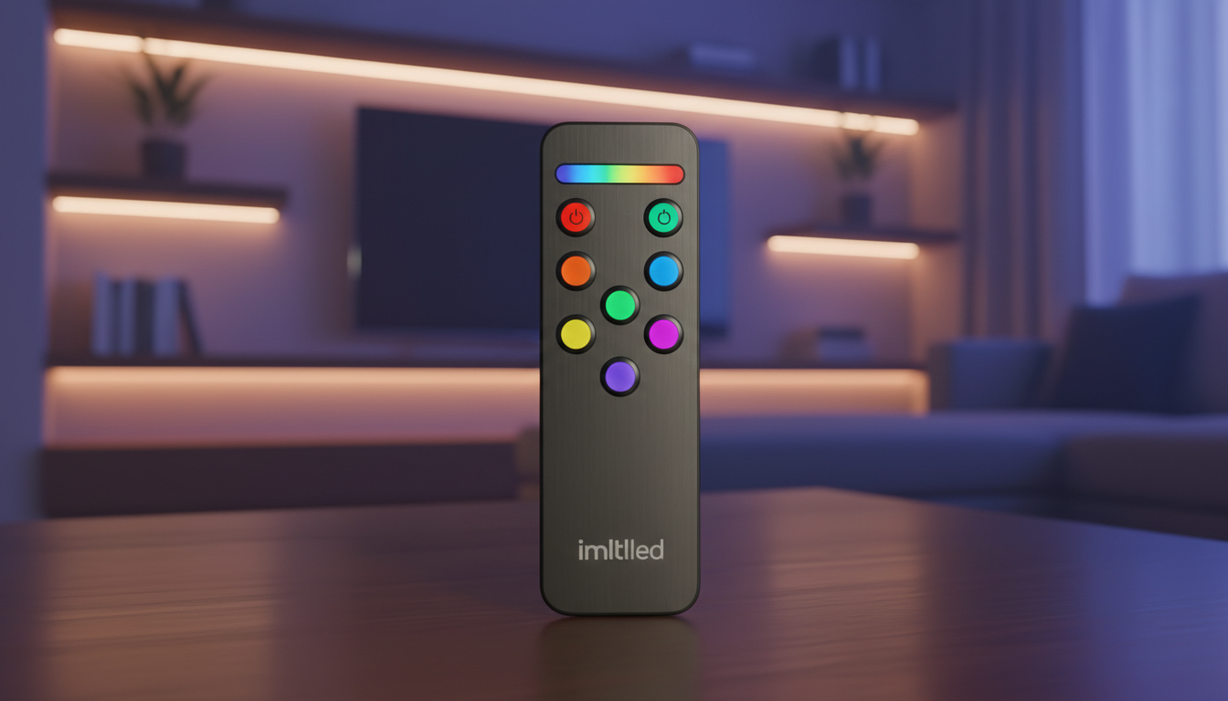 A close-up image of a sleek, modern RGB strip light remote from the brand imltlled, prominently displayed in the foreground. The remote features a minimalist design with a smooth surface, illuminated buttons in vibrant colors such as red, green, and blue, and a stylish LED indicator. The background showcases a softly lit room environment, with subtle hints of colorful LED strip lights along the edges of shelves and furniture, providing a warm and inviting atmosphere. The lighting should create a cozy glow, emphasizing the remote as the focal point. Capture the scene with a shallow depth of field, focusing on the remote while the background remains gently blurred, enhancing the mood of modern home decor and technology integration.