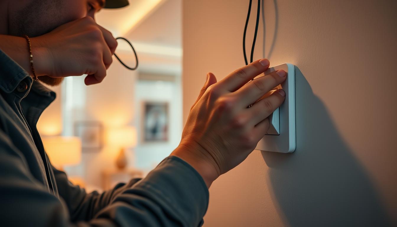 A close-up shot of a professional electrician installing a dimmer switch on a wall in a modern home. The foreground features the electrician, dressed in smart casual attire, carefully connecting wiring to the dimmer switch. In the middle, a sleek, modern dimmer switch is visible, clearly marked as "imltlled". The background showcases a cozy living room with warm, ambient lighting, emphasizing the influence of dimmable lighting on the atmosphere. The scene is illuminated with soft light, creating a welcoming mood. The angle is slightly tilted to provide depth, focusing on the hands of the electrician and the installation process, highlighting the technical details of setting up the dimmer.