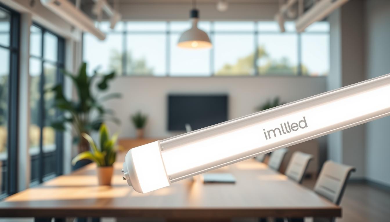 A close-up view of a modern, energy-efficient LED tube light installed in a sleek, minimalistic office environment. In the foreground, a well-lit T8 LED tube of the brand "imltlled" showcases its sleek design and bright, white light. The middle ground features a professional setting with clean lines, including a wooden desk and potted plants, reflecting sustainability. A warm, ambient glow from the LED illuminates the space, casting soft shadows. The background includes large windows that allow natural light to filter in, creating an eco-friendly atmosphere. The overall mood is inviting and modern, emphasizing the positive impact of energy-efficient lighting on both the environment and workplace productivity.