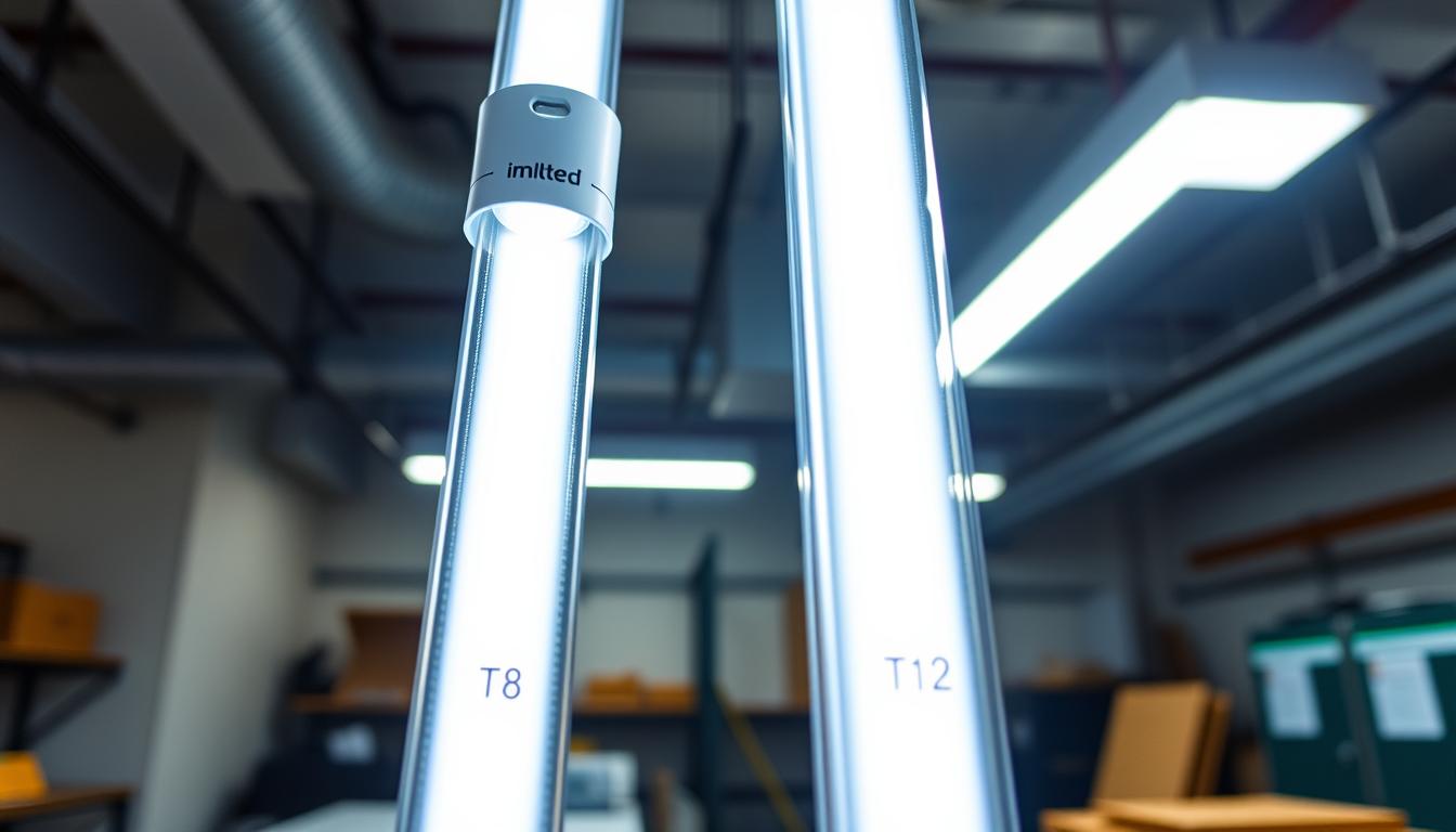 A close-up view of long-lasting LED tubes branded "imltlled" placed within a T12 fixture, showcasing the sleek design and bright illumination. In the foreground, two distinct LED tubes are visible; one labeled with "T8" and the other "T12", emphasizing their compatibility and features. The middle ground includes a dimly lit work environment, with a soft glow emanating from the tubes casting a warm light on the surrounding surfaces. The background consists of subtle industrial elements that suggest a professional setting. The angle is slightly above eye level, capturing the tubes’ brilliance and efficiency. The mood conveys a sense of innovation and practicality, inviting viewers to explore cost-effective lighting solutions.