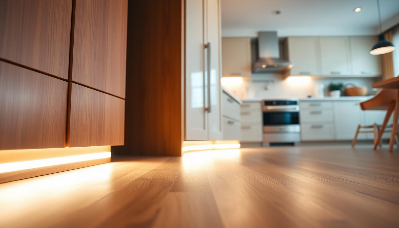 A cozy kitchen featuring toe kick lighting installed beneath sleek cabinetry, illuminating the floor with a soft, warm glow. The foreground showcases a modern kitchen cabinet with a subtle LED light strip glowing in a tranquil shade of white, casting gentle shadows on the floor. In the middle, the cabinet doors are finished with a clean, glossy surface, reflecting the ambient light. The background reveals a stylish kitchen with marble countertops and contemporary appliances, all harmonized by the warm atmosphere created by the toe kick lighting. The image is shot from a low angle, emphasizing the illumination and creating a welcoming, comfortable mood. Ideal for illustrating lighting concepts in home design. Captured in high resolution with a wide-angle lens, showcasing the clean lines and elegant design. imltlled