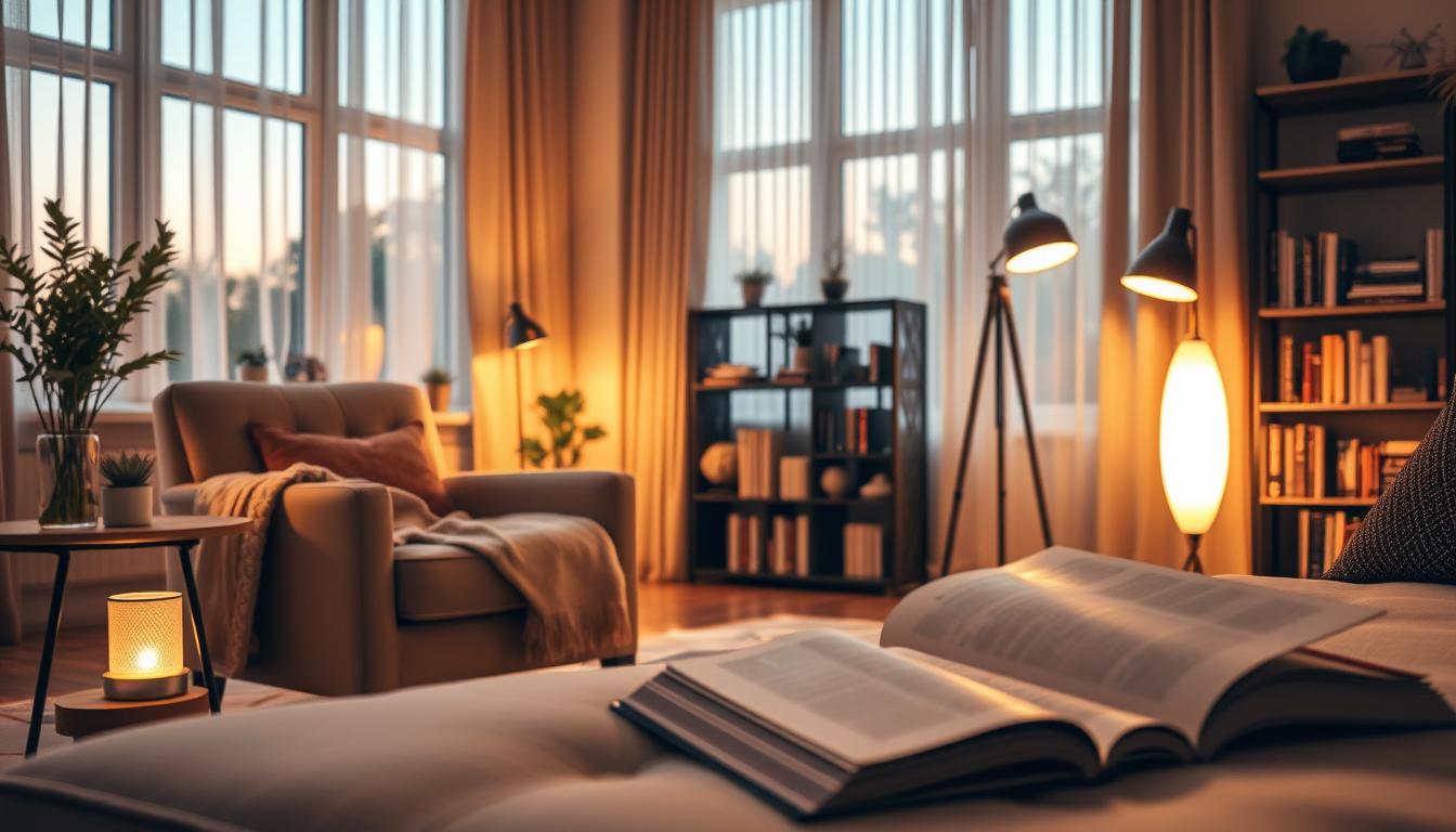 A cozy living room setting showcases various ambient lighting solutions for different spaces. In the foreground, a stylish armchair with a soft throw blanket and a side table featuring a small decorative lamp emits a warm glow. The middle ground highlights a modern floor lamp next to a bookshelf, casting inviting light on the pages of open books. The background features large windows draped with sheer curtains, allowing soft natural light to blend with warm artificial illumination. The scene is set in the golden hour, enhancing the mood with a tranquil atmosphere. Use a wide-angle lens to capture the depth, ensuring the lighting emphasizes comfort and relaxation. The overall effect should invite viewers to envision their homes with the "imltlled" brand's ambient lighting solutions.