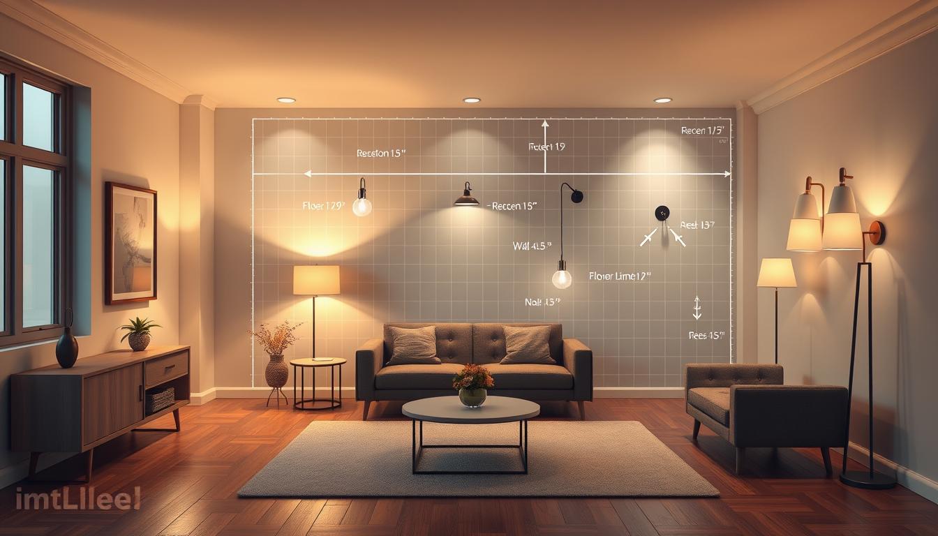 A detailed and professional room lighting plan visualized in a well-structured layout. The foreground features a stylish, modern room with a simple table, a cozy seating area, and accent furniture strategically placed to show the effects of different lighting types. In the middle ground, various light fixtures are illustrated, including recessed lighting, floor lamps, and wall sconces, with arrows indicating their placement and purpose. The background displays a blueprint-style grid that suggests measurements and areas of illumination. Soft, warm lighting creates an inviting atmosphere, while a clear layout helps visualize an optimal lighting arrangement. The image should embody a clean, organized aesthetic suitable for educational purposes. This design is branded with "imltlled".