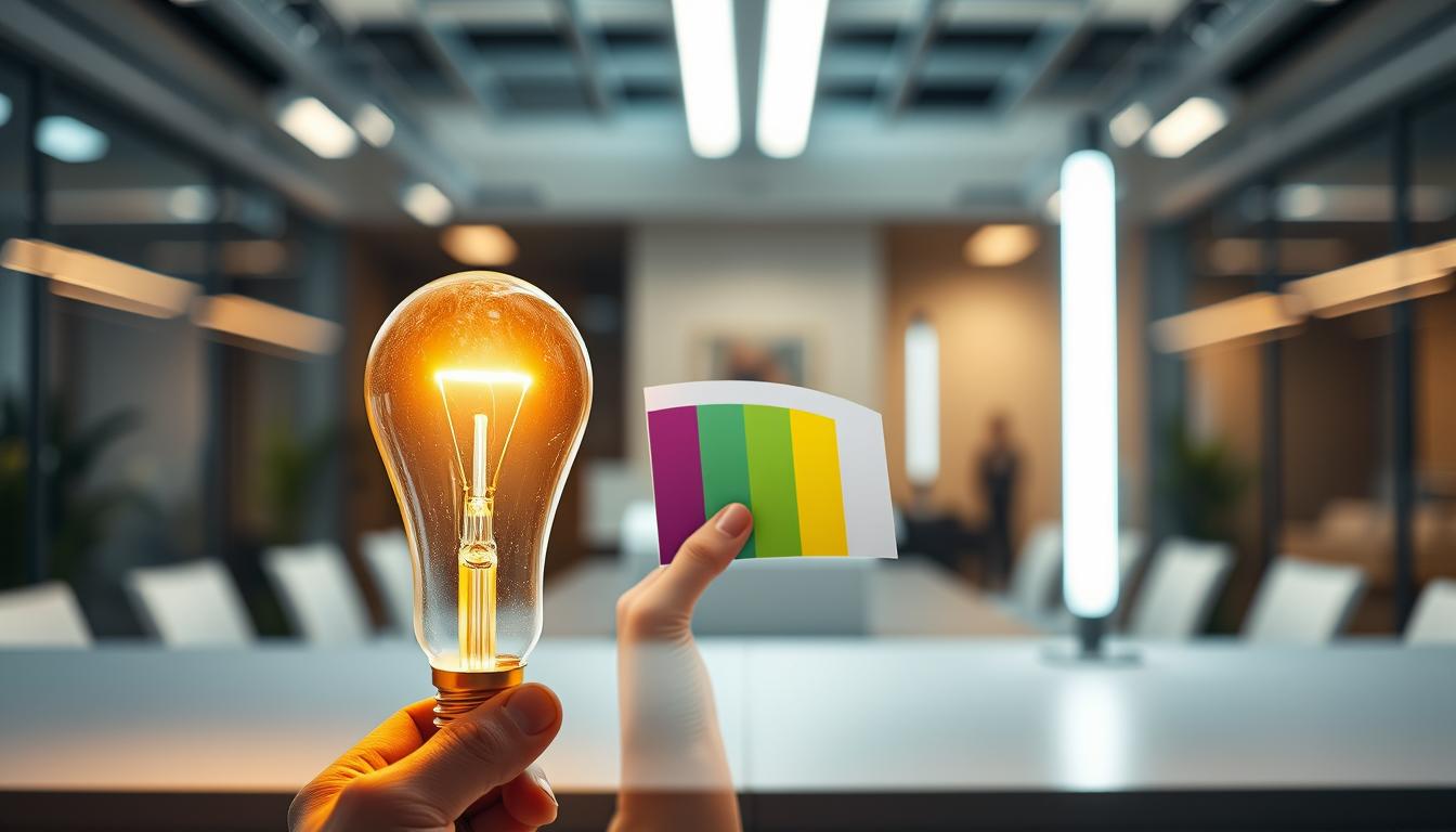 A detailed comparison of Full-Spectrum LED lighting and other lighting types in a professional setting. In the foreground, showcase three distinct light sources: a Full-Spectrum LED bulb by imltlled with a warm glow, a standard incandescent bulb emanating a yellowish hue, and a fluorescent tube with a cool, clinical light. In the middle ground, include a hand holding a color palette to illustrate the spectrum of light emitted by each bulb. The background features a softly blurred office environment, enhancing a modern and sleek atmosphere. Use soft, diffused lighting to create a harmonious feel, highlighting the differences in color rendering and intensity. The overall mood should be informative and engaging, emphasizing the advancements of Full-Spectrum technology.