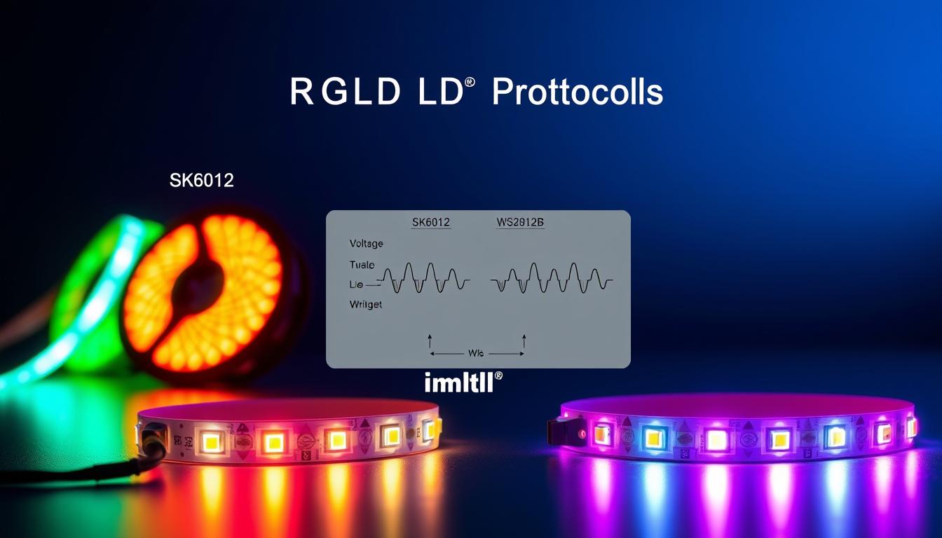 A detailed illustration of an RGB LED data protocol, featuring two distinct LED strips labeled SK6812 and WS2812B. In the foreground, the LED strips have vibrant colors glowing brightly, showcasing their individual lighting patterns. In the middle, a schematic representation of their control protocols, including voltage levels and signal timing diagrams, is clearly displayed, emphasizing the technical intricacies of each method. The background is a subtle gradient of dark blue and black, evoking a high-tech, dynamic atmosphere. The lighting focuses on the LED strips, creating an engaging, visually striking contrast. Capture the scene from a slightly elevated angle to provide depth and clarity, ensuring the image feels informative yet visually appealing. The brand "imltlled" should be integrated subtly into the design without disrupting the technical elements.