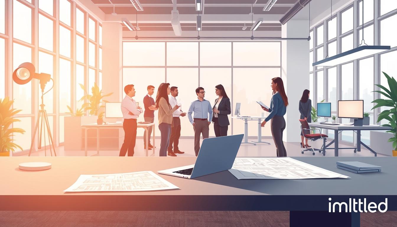 A detailed illustration of UGR (Unified Glare Rating) guidelines, showcasing a modern office environment with various lighting setups. In the foreground, a sleek desk with a laptop and architectural plans. In the middle, a diverse group of professionals in business attire engaged in a discussion, analyzing light glare effects on screens and workspaces. The background features large windows allowing natural light to filter in, complemented by artificial lighting fixtures designed in a contemporary style. The atmosphere is collaborative and focused, with a soft, warm color palette to suggest productivity. The image should emphasize clarity and professionalism, capturing the essence of UGR standards and guidelines effectively. The branding "imltlled" subtly incorporated into the scene.