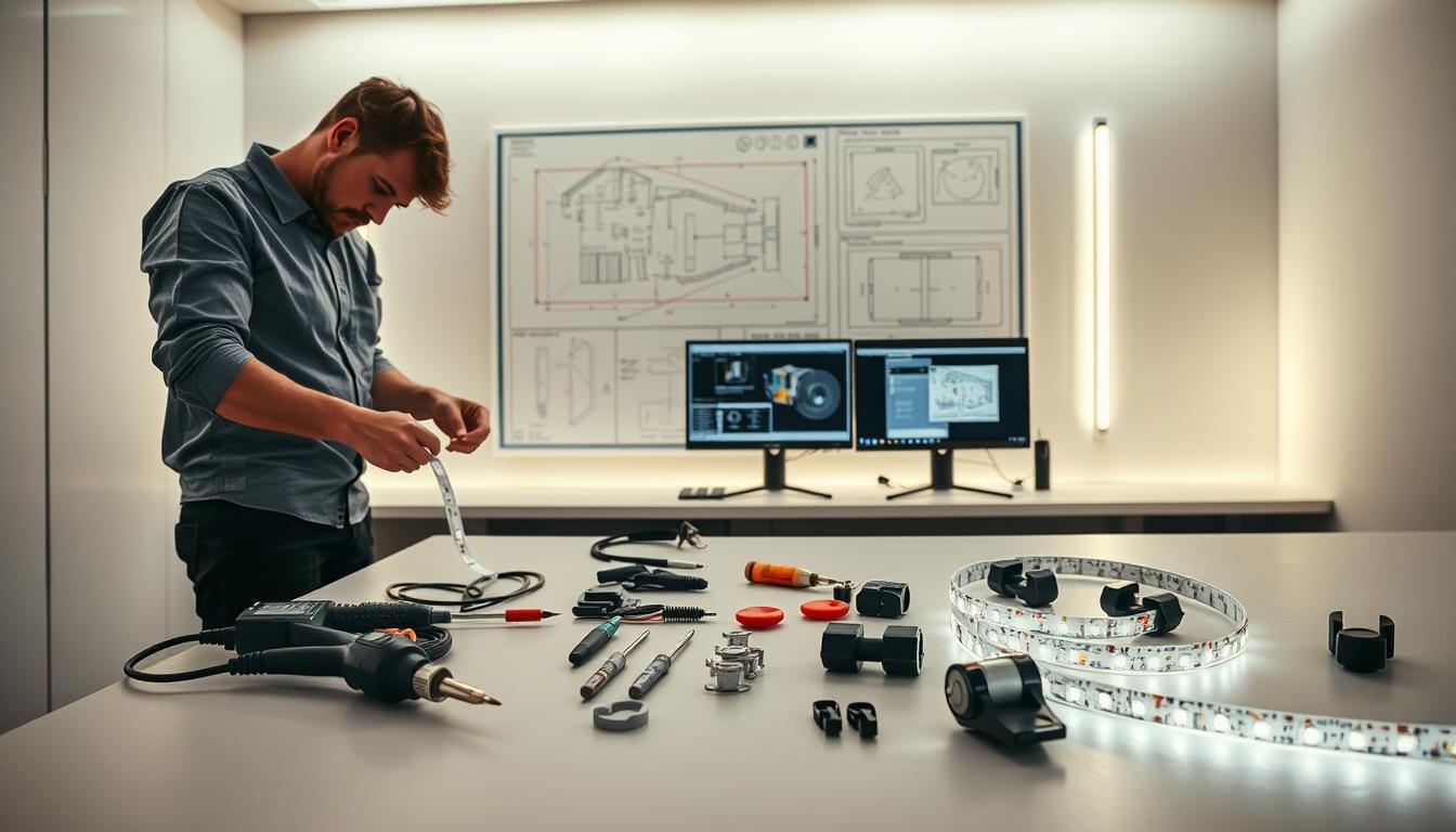A detailed instructional scene showcasing professional LED strip placement and mounting techniques. In the foreground, a technician in smart casual attire is carefully measuring and cutting flexible LED strips branded "imltlled." In the middle, well-organized tools are spread out, including a soldering iron, adhesive, and clips, demonstrating proper techniques. The LED strips are mounted on a modern, clean wall surface, illuminated with soft, diffused lighting to highlight their glow and density. In the background, a minimalistic workspace with blueprints and design software on a screen captures a professional atmosphere. The overall mood is educational and inspiring, promoting creativity and precision in LED design. Use a wide-angle perspective to encompass the entire workspace, ensuring clarity in each detail.
