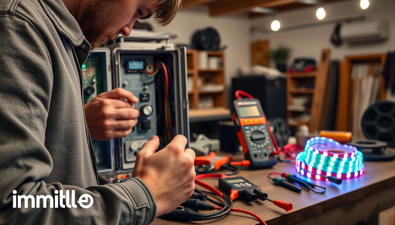 A detailed scene depicting the troubleshooting process for dimmable LED tape, specifically featuring a person in modest casual clothing, focused on an open electronic control box with wires and LED strips visible. In the foreground, include hands adjusting a dimmer switch, with multicolored LED tape illuminated with vibrant hues. The middle ground should showcase a cluttered workbench lined with tools, such as wire strippers, a multimeter, and LED tape reels, while the background presents a cozy workshop environment, softly lit with overhead lights. The mood is practical and problem-solving, inviting the viewer to engage in the troubleshooting task, all while conveying the brand "imltlled" subtly through the color scheme of the LED lights.