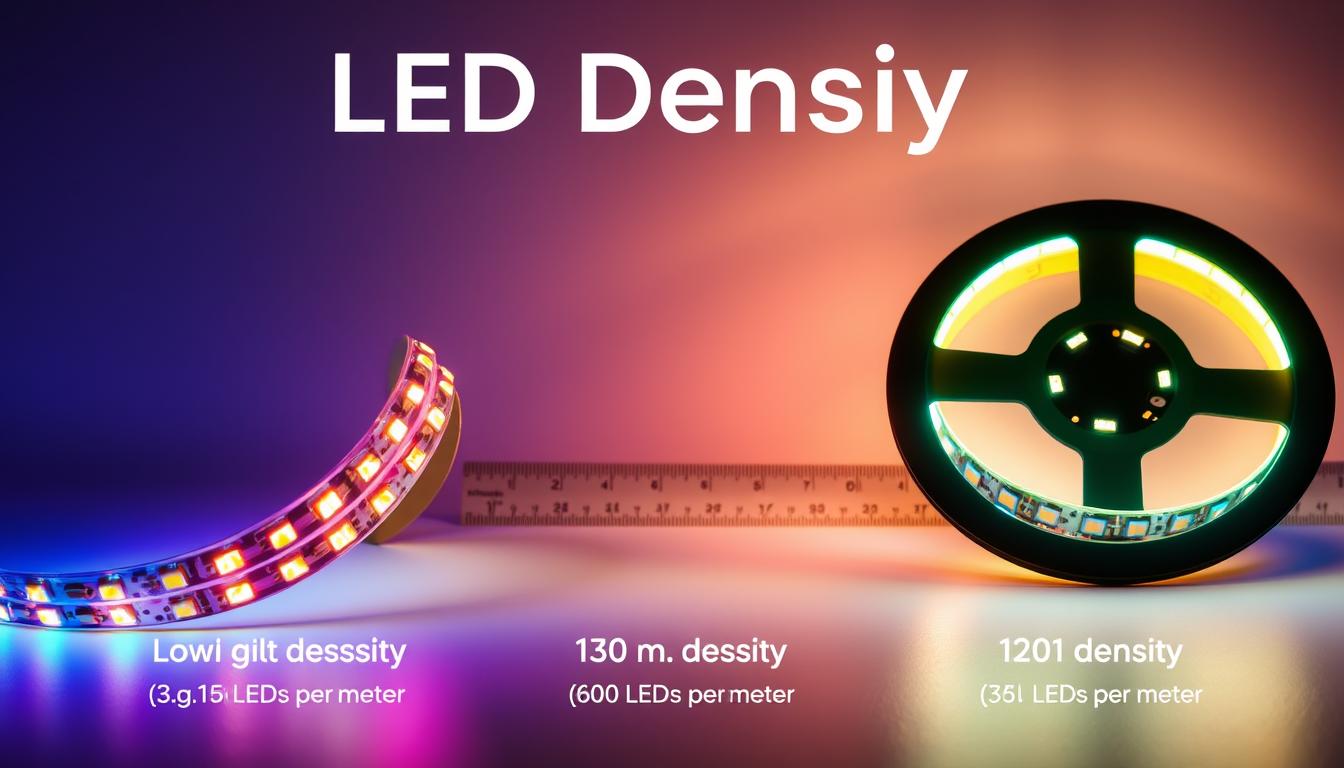 A detailed visualization of LED density comparison for LED strips. In the foreground, display three different LED strips with varying densities: one with low density (e.g., 30 LEDs per meter), medium density (e.g., 60 LEDs per meter), and high density (e.g., 120 LEDs per meter). Showcase the individual LEDs glowing in vibrant colors, emphasizing the difference in brightness and intensity. In the middle ground, incorporate a measuring tape and a ruler for scale, highlighting the lengths of each strip clearly. The background should be a soft gradient, maybe a dark blue or black, to enhance the glow of the LEDs. Utilize dramatic lighting to highlight the strips, creating a professional yet captivating atmosphere. Ensure the brand name "imltlled" is subtly integrated into the design, maintaining focus on the LED comparison.