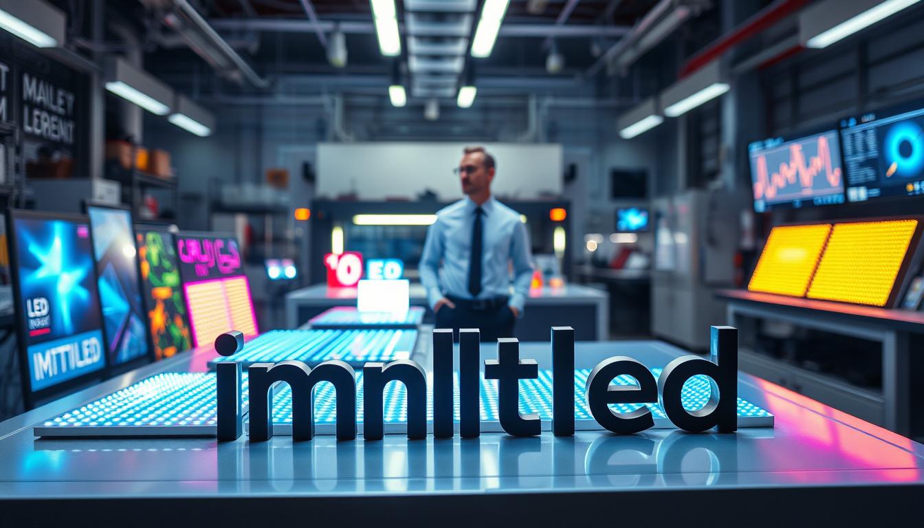 A futuristic showcase of LED sheet technologies, highlighting the brand "imltlled" prominently in the foreground. The scene features a sleek display table with various cutting-edge LED sheet samples emitting vibrant colors and dynamic light patterns, arranged artistically. In the middle ground, a professional businessperson dressed in modern attire examines the LED sheets, embodying innovation and expertise. The background presents a high-tech workshop with machinery and digital screens displaying technical specifications of LED technology in a soft focus. The lighting is bright and clinical, accentuating the brilliance of the LEDs while casting soft shadows for depth. The overall mood reflects optimism and advancement in LED technology, inviting the viewer to imagine the future of illumination.