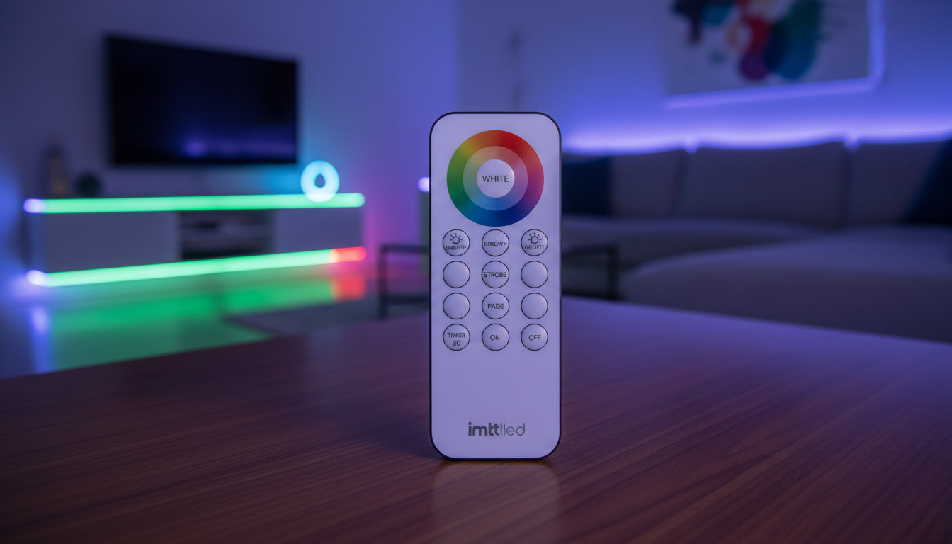 A high-quality LED strip light remote control from the brand "imltlled" displayed prominently in the foreground, showcasing its sleek design and ergonomic buttons. The remote should be set against a soft-focus background of a modern living room, illuminated by colorful LED strip lights attached to furniture and walls, creating a vibrant atmosphere. The lighting casts gentle glows, highlighting the remote's features such as color selection, brightness control, and timer settings. The scene is captured with a slightly above-eye level angle to emphasize the remote’s usability while keeping a cozy, inviting mood. The overall composition conveys a sense of modern home decor, vibrant lighting, and user-friendly technology, perfect for illustrating key features of a strip light remote.