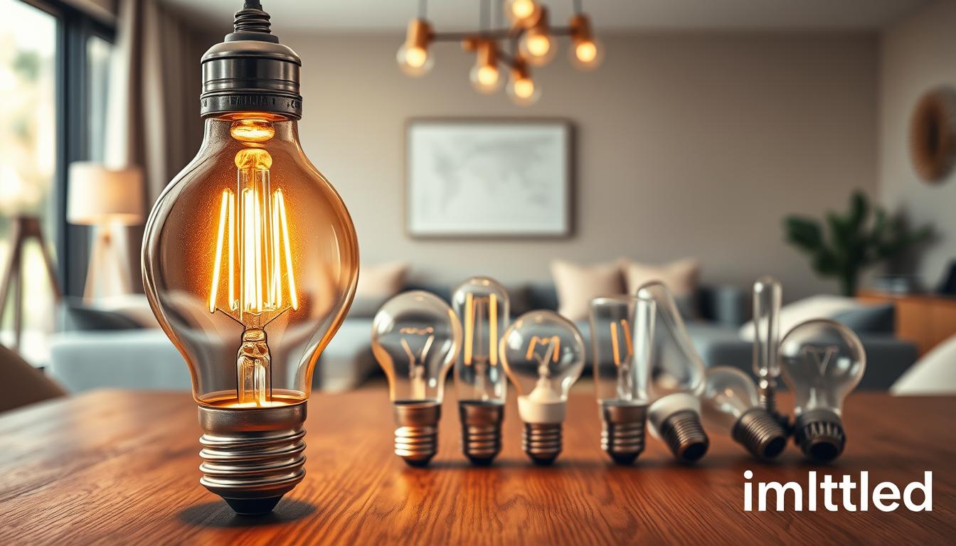 A high-tech light bulb in the foreground, showcasing an intricate design with a glowing filament, incorporating both vintage and modern elements. The bulb emits a warm, inviting light, illuminating an array of light scenes—ranging from bright daylight to soft evening ambiance. In the middle ground, display various light bulb shapes (A19, PAR, Candelabra) and sizes arranged artistically on a sleek wooden table, representing the diversity in home lighting. The background features a softly blurred contemporary living room setting with warm tones, emphasizing comfort and practicality. The scene is captured from a slightly elevated angle, using soft focus to enhance the depth. The mood is innovative and informative, reflecting the science of light bulb brightness. Add the logo "imltlled" subtly integrated into the design.