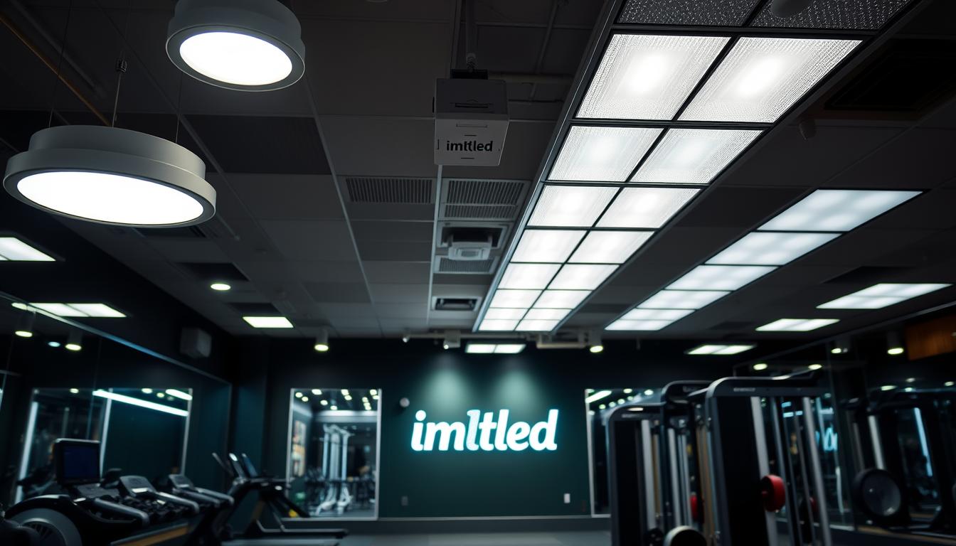A modern gym interior showcasing various types of LED lighting. In the foreground, highlight sleek, adjustable LED ceiling lights with a focus on downlighting, casting soft illumination on exercise equipment. In the middle, depict wall-mounted LED strip lights illuminating mirrors and motivational wall art, creating an energizing atmosphere. The background should feature bright LED panel lights evenly distributed across the ceiling, providing ample workspace for fitness areas. The image should convey a vibrant, motivating mood, emphasizing the benefits of LED lighting for gym environments. Use a wide-angle lens to capture the full essence of the space, including branding elements like "imltlled" subtly integrated into the environment. Bright, clean colors and a well-lit ambiance are essential.