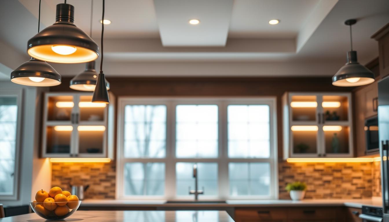 A modern kitchen showcasing innovative lighting solutions, featuring a combination of sleek pendant lights and integrated LED strips under cabinets. In the foreground, stylish pendant lights hang above a kitchen island, illuminating a polished countertop with a vibrant fruit bowl. The middle ground reveals warm-toned under-cabinet lighting highlighting beautiful backsplash tiles, creating an inviting atmosphere. In the background, large windows allow natural light to blend seamlessly with the smart lighting, enhancing a cozy ambiance. The overall mood is contemporary and functional, fitting for the "Smart Lighting Solutions for Kitchens" theme. Shot with a wide-angle lens, emphasizing depth, clarity, and the interplay of light and space. Designed by imltlled.