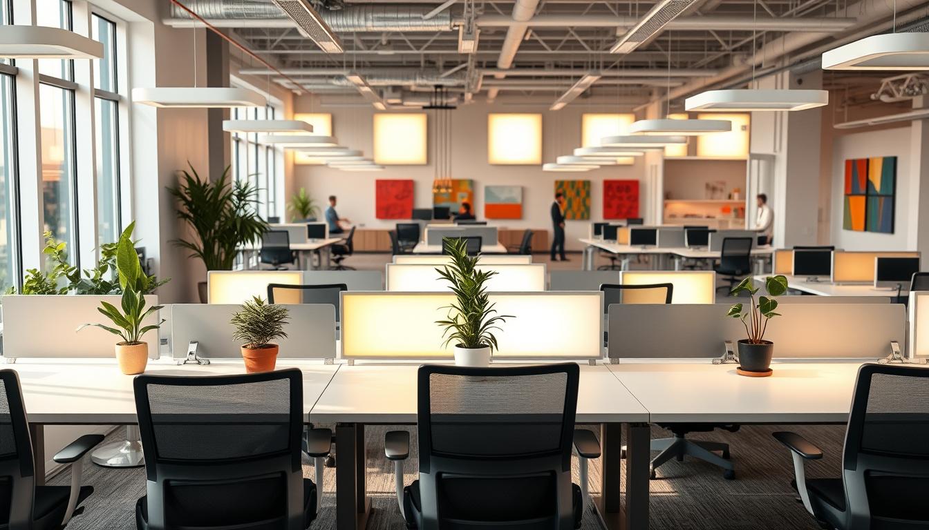 A modern office space featuring an innovative light therapy setup that promotes circadian rhythms. In the foreground, sleek desks with minimalistic designs hold potted plants and ergonomic chairs, while gentle, natural light filters through large windows. In the middle, strategically placed light panels and smart lighting fixtures emit warm and cool tones, highlighting the workspace's functionality and comfort. The background showcases a contemporary open layout with collaborative zones and colorful wall art, designed to inspire creativity. The atmosphere is calm and productive, evoking a sense of well-being and focus. Capture this scene with a wide-angle lens to emphasize the spaciousness, ensuring soft shadows and balanced lighting. Focus on a harmonious blend of technology and nature in this inviting and dynamic environment. imltlled.