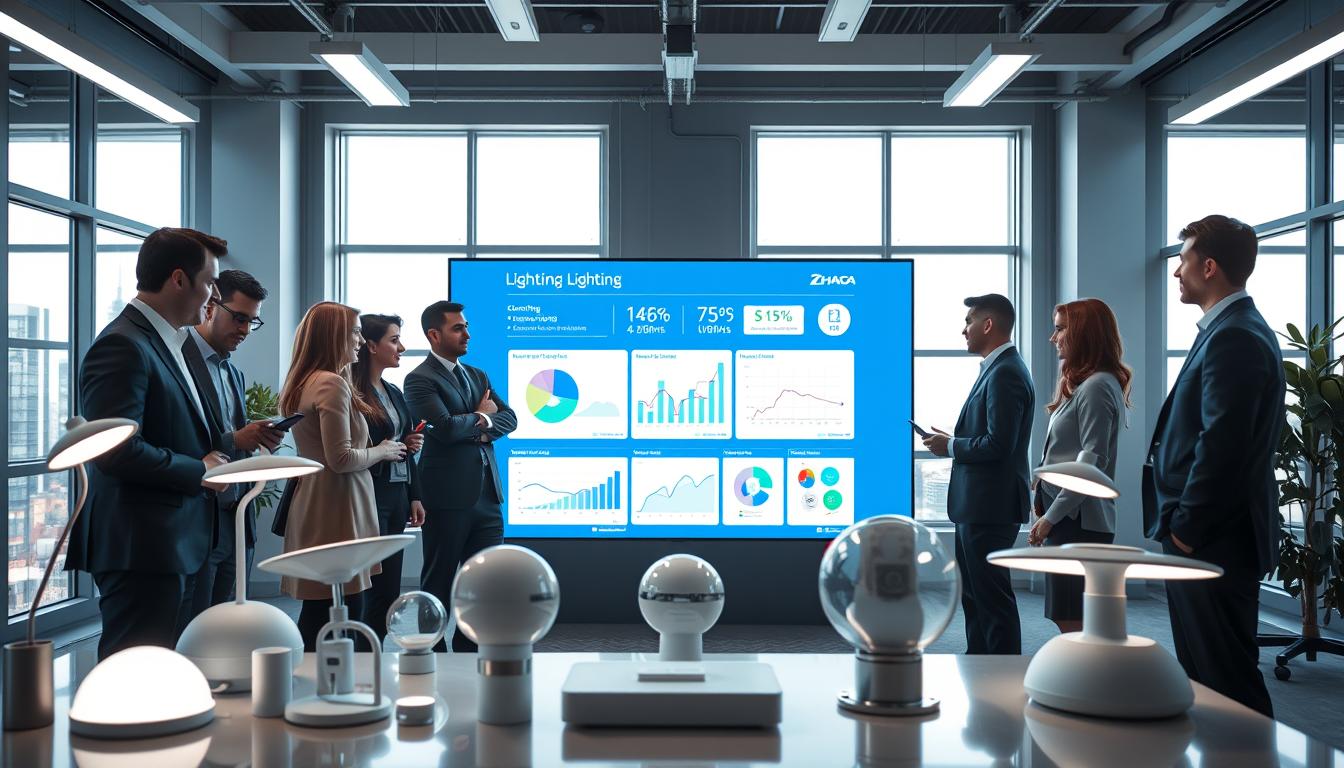 A modern, sleek Zhaga lighting industry setup in a well-lit conference room, showcasing innovative smart lighting solutions. In the foreground, a diverse group of professionals dressed in business attire collaboratively discussing advanced lighting technologies, surrounded by various Zhaga-compliant fixtures with a polished finish. In the middle, a large digital display highlights recent developments in the industry, featuring dynamic graphs and charts, while a few design prototypes rest on a contemporary table. The background displays large windows with natural light streaming in, illuminating the space and enhancing a sense of innovation. Capture the atmosphere of collaboration and progress, emphasizing a bright and inspiring mood. Use soft, diffused lighting to create an inviting environment, with a focus on clarity and professionalism. Brand name: imltlled.