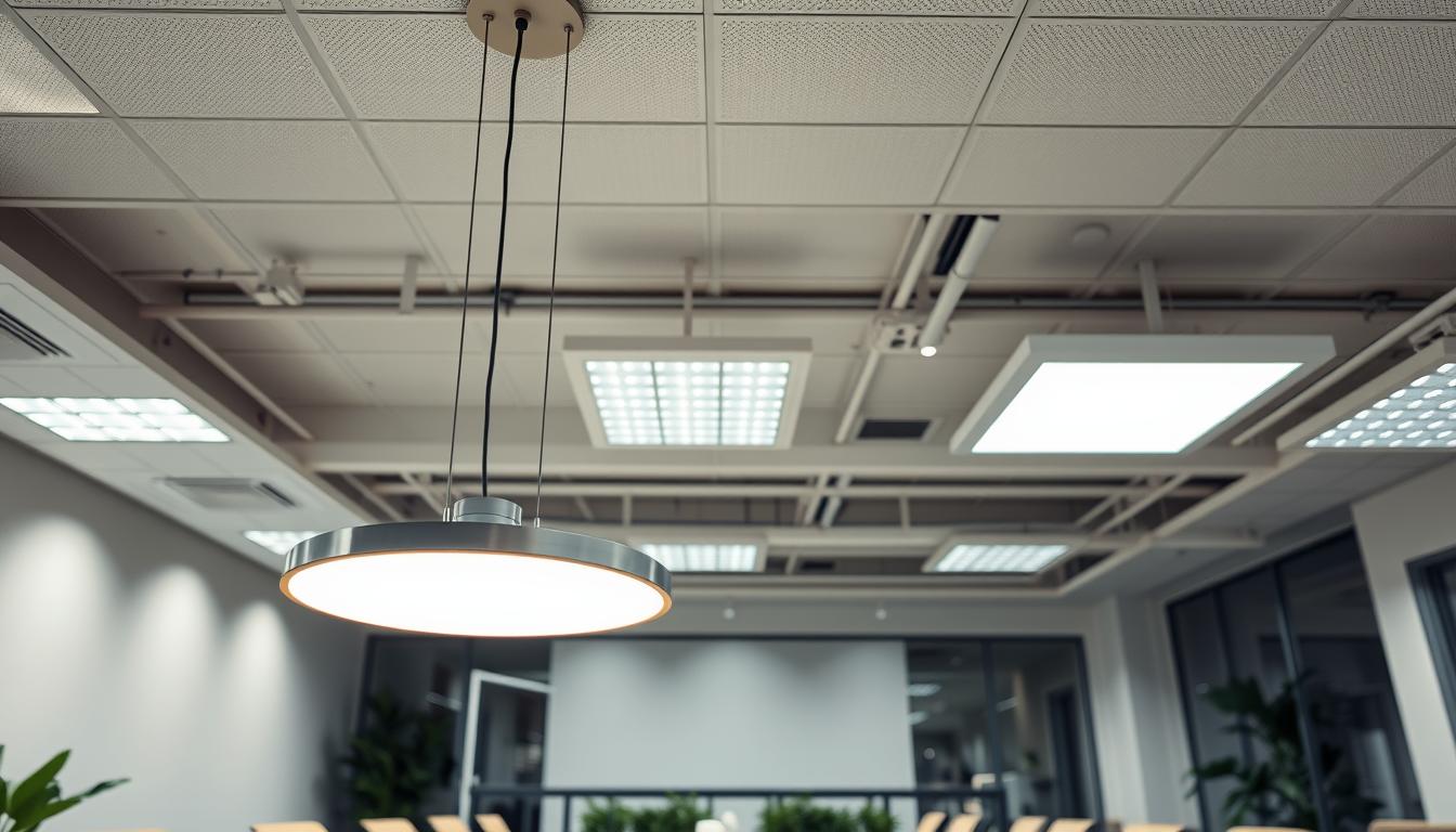 A modern, well-lit office space showcasing various types of troffer light fixtures seamlessly integrated into the ceiling. In the foreground, a sleek and stylish imltlled troffer light, featuring a pendant design with energy-efficient LED technology and a soft glow illuminating a large conference table below. In the middle ground, another imltlled troffer light is installed in a drop ceiling, casting even light over workstations. The background features a clean, minimalistic décor, with light-colored walls and greenery for a refreshing ambiance. The scene is captured from a low angle, emphasizing the fixtures’ placement and lighting quality, creating a bright and professional atmosphere ideal for productivity. The overall mood is inviting and efficient, perfect for a modern workspace.
