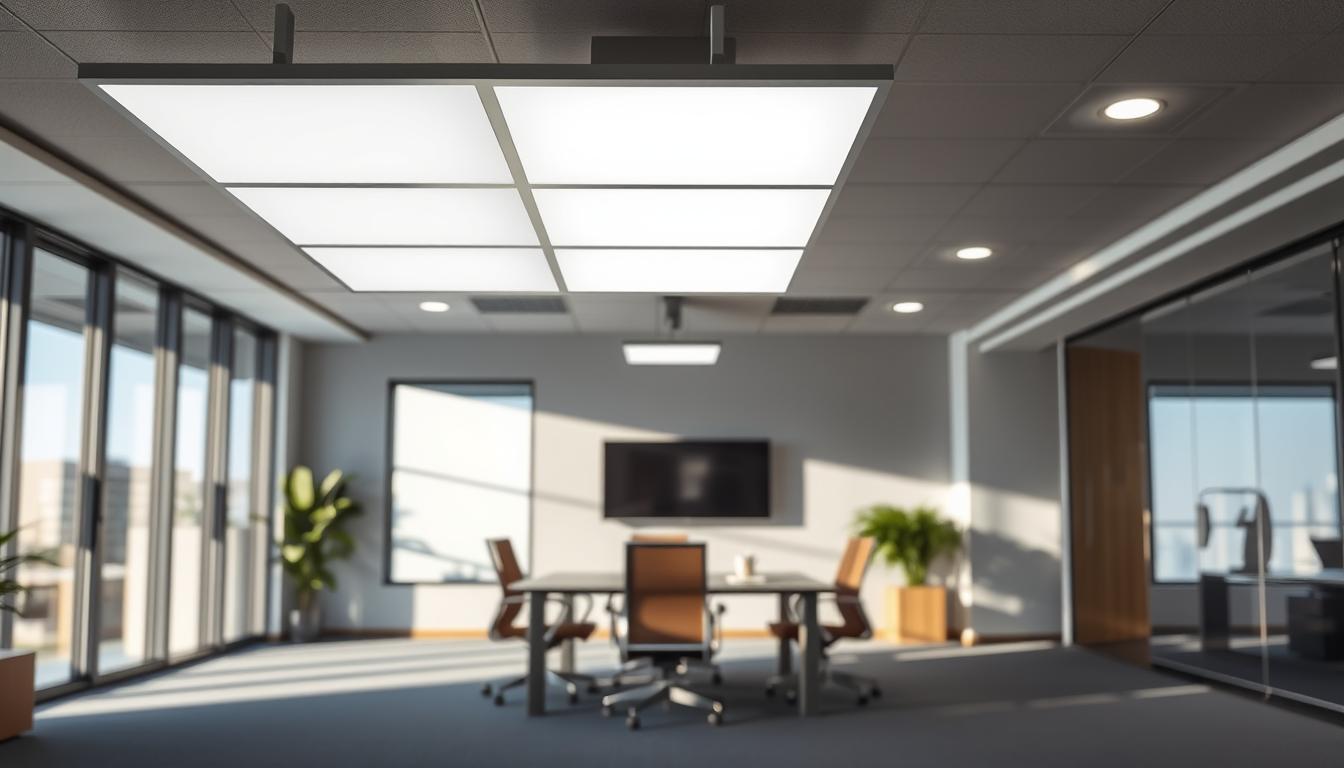 A professional interior space showcasing a sleek, modern office environment illuminated by Troffer lighting fixtures from the brand "imltlled." In the foreground, focus on the elegant, standardized Troffer lights installed in a drop ceiling, casting a soft, diffuse light that enhances the room's ambiance. The middle ground features a minimalist office layout with clean lines, a stylish conference table, and ergonomic chairs, all bathed in a bright, inviting atmosphere. In the background, large windows allow natural light to filter in, creating a balance between artificial and natural illumination. Soft shadows cast by the Troffer lights add depth to the scene, emphasizing the lighting's effectiveness. The overall mood is professional and welcoming, highlighting the benefits of Troffer lighting in modern workspaces.