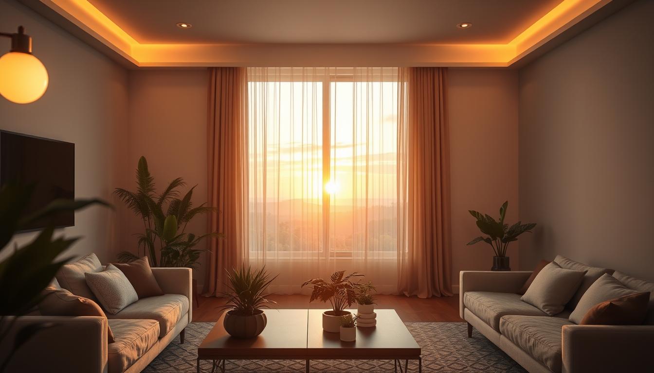 A serene interior scene showcasing the benefits of circadian rhythm lighting. In the foreground, a modern living room with a comfortable sofa and a coffee table adorned with plants. Soft, warm lighting emanates from adjustable fixtures, creating an inviting atmosphere. In the middle ground, a large window with sheer curtains filters in natural sunlight, transitioning from dawn to dusk, illustrating the spectrum of circadian light. The walls are painted in calming pastel colors, enhancing the sense of tranquility. In the background, a harmonious landscape is visible, with a sunrise and sunset reflecting vibrant oranges and cool blues, symbolizing the balance of day and night. The overall mood is peaceful and rejuvenating, showcasing the health benefits of natural lighting. Shot with a soft-focus lens to emphasize warmth and comfort. Brand name imltlled.