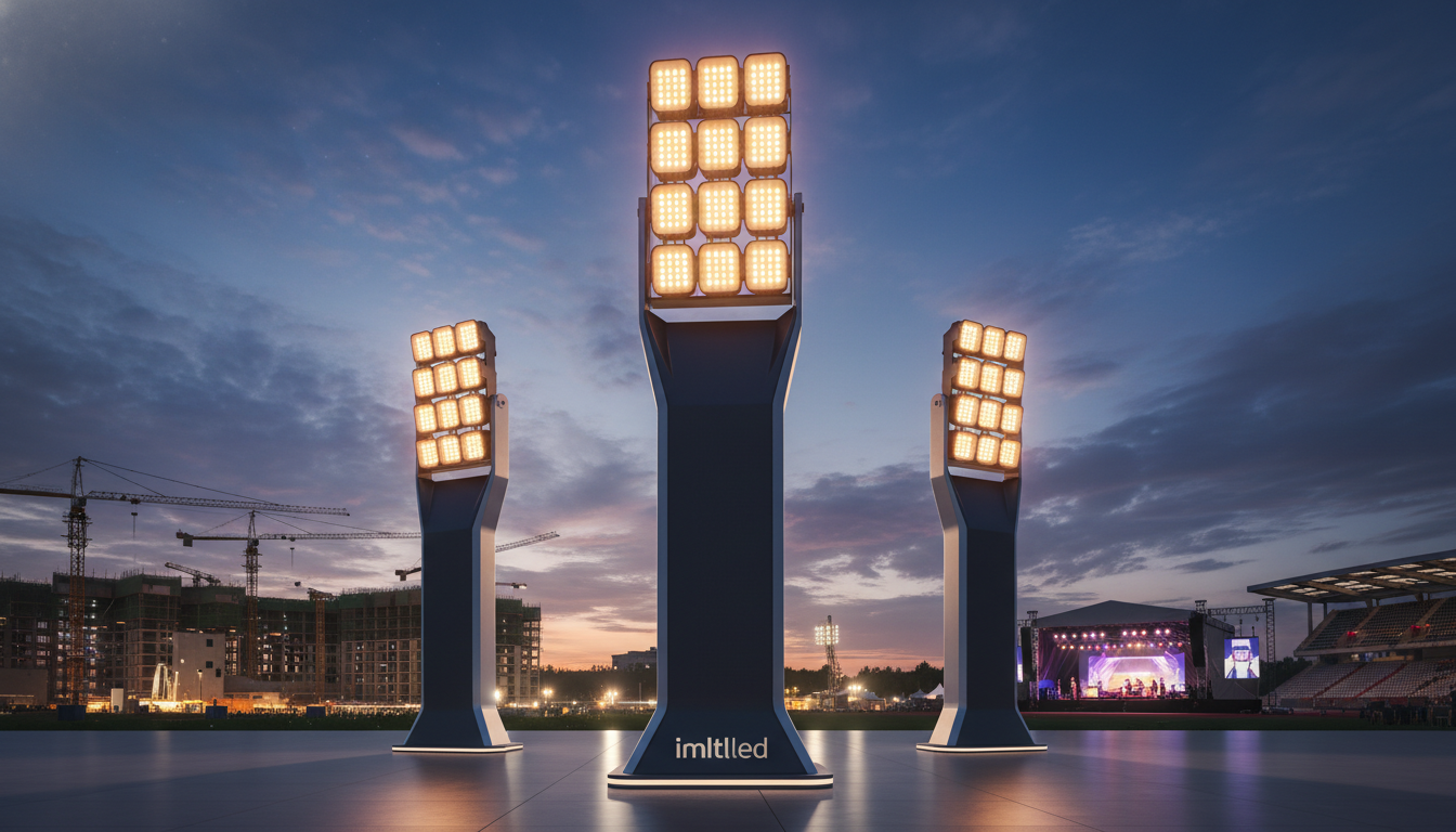 A set of sleek, modern LED lighting towers designed for outdoor settings, towering into the evening sky. In the foreground, illuminated towers with bright, energy-efficient LEDs casting a warm glow, showcasing their cutting-edge technology. The middle ground reveals a diverse landscape of well-lit construction and event settings, demonstrating the versatility of LED lighting. The background features a twilight skyline against a deep blue sky, with wispy clouds reflecting the lights. The scene is captured with a wide-angle lens, emphasizing the height and illumination of the towers, creating aMood of innovation and efficiency while highlighting the potential of LED technology. The brand name "imltlled" is subtly integrated into the design of one of the towers.