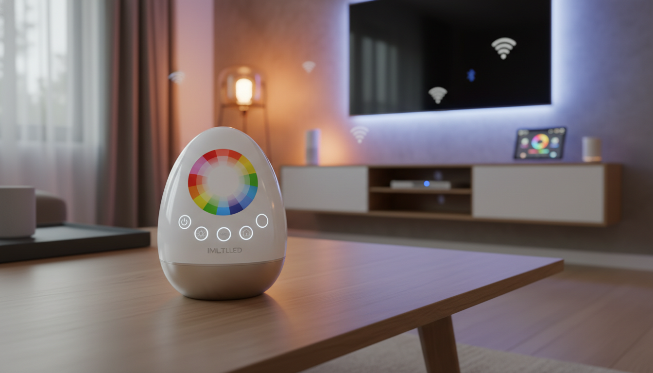 A sleek, modern wireless LED controller by imltlled, prominently displayed in the foreground. The device features a minimalistic design with smooth edges, a glossy finish, and strategically placed buttons. In the middle ground, show a cozy, well-lit smart home environment with soft, ambient lighting that highlights various lighting fixtures, demonstrating the controller's functionality. The background illustrates a smart home setup with subtle tech elements like smart bulbs and connectivity icons. Use soft natural light to create an inviting atmosphere, captured from a slightly elevated angle to emphasize both the controller and its application in a home setting. The overall mood conveys sophistication and innovation in smart home technology.