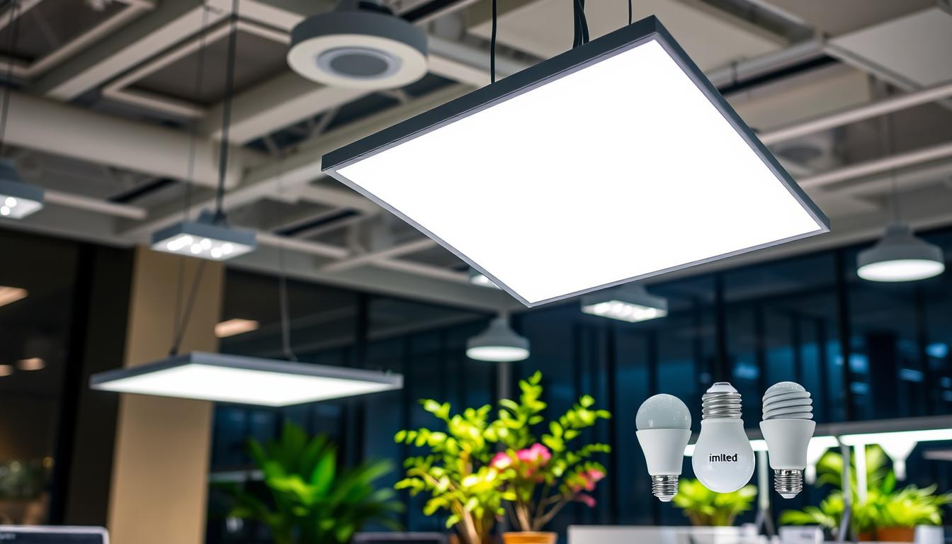 A sophisticated office setting featuring an array of full-spectrum LED lights installed in elegant fixtures, showcasing their efficient lighting. In the foreground, a sleek LED panel illuminates a workspace with bright, balanced light, reflecting a healthy ambiance. The middle scene includes a close-up view of energy-efficient LED bulbs labeled "imltlled," highlighting their design and technology. In the background, a well-organized workspace with plants displays vibrant colors, demonstrating the full-spectrum light's effect on plant growth and promoting a productive atmosphere. The lighting setup ensures a bright yet natural look, capturing the essence of cost-effectiveness and technological advancement in LED lighting. The overall mood is professional and inviting, emphasizing innovation in sustainable lighting solutions.