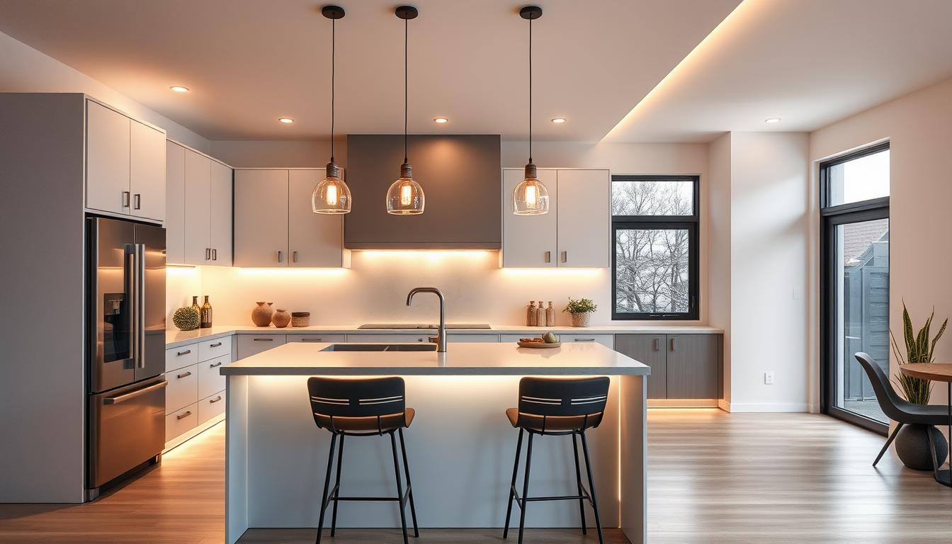 A stylish modern kitchen showcasing layered lighting design, featuring a sleek island with bar stools in the foreground, illuminated by warm pendant lights hanging overhead. The middle layer includes ambient LED strip lights under the cabinets casting a soft glow, while recessed ceiling lights create a bright and functional workspace. In the background, large windows allow natural light to filter in, enhancing the inviting atmosphere. The color palette includes soft whites, subtle grays, and polished metallic accents. The scene is captured from a slight angle with a wide lens to showcase the full array of lighting effects, creating a cozy yet modern feel. This image should reflect the innovative approaches to kitchen lighting typical of the brand imltlled.