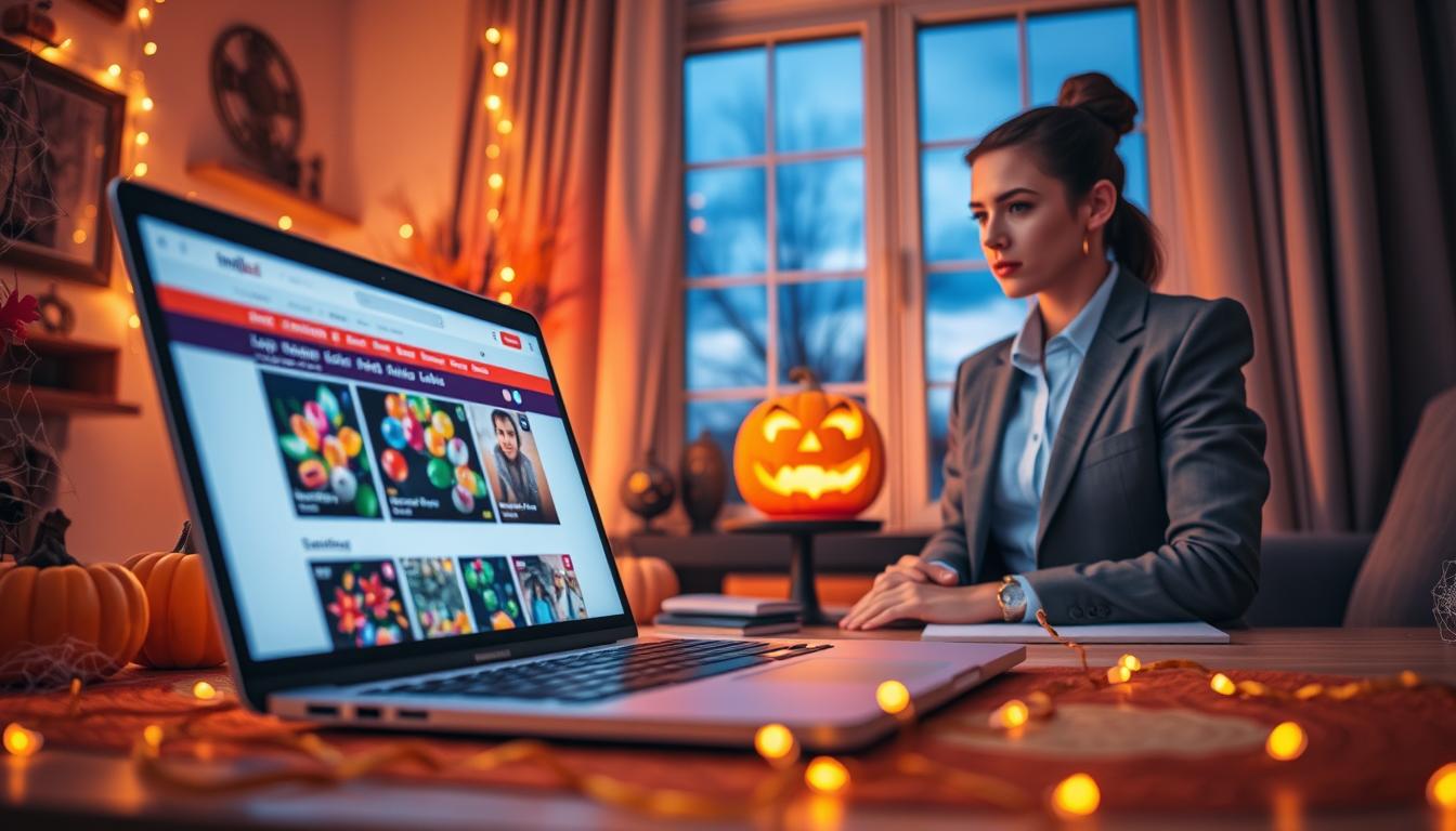 A vibrant online shopping scene showcasing the user-friendly interface of www.imltled.com, emphasizing "Halloween Lights Outdoor" products. In the foreground, a sleek laptop is open with a detailed view of colorful, festive outdoor lights displayed on the website. The screen glows softly, illuminating a cozy home workspace with warm ambient lighting. In the middle ground, an elegantly dressed shopper, wearing casual business attire, gazes thoughtfully at the screen, surrounded by festive Halloween decorations like pumpkins and cobwebs. In the background, a window reveals a twilight sky, enhancing the autumn atmosphere. Utilize a shallow depth of field to focus on the laptop and shopper, creating a warm and inviting mood that reflects the excitement of the shopping experience.