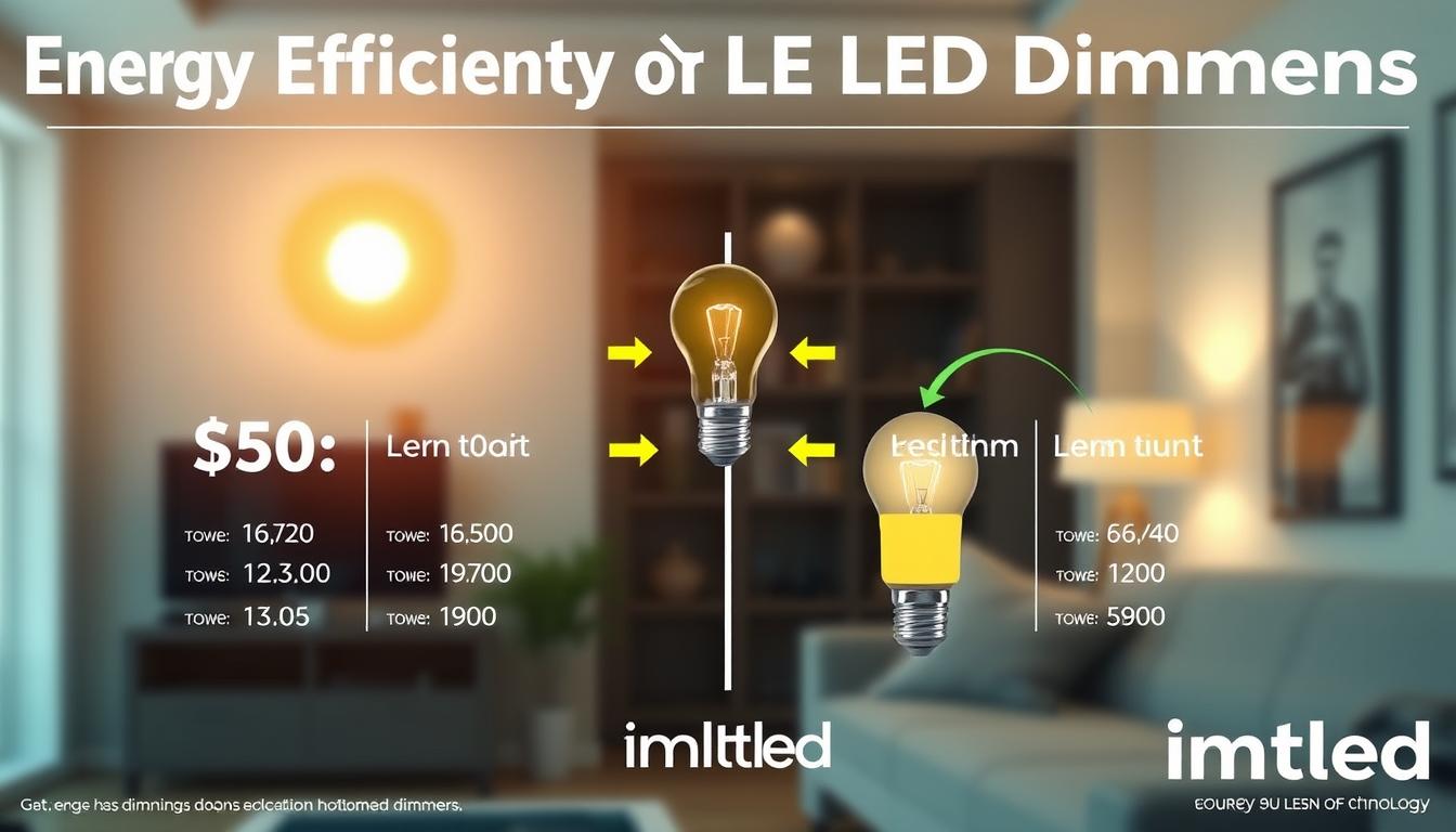A visually striking infographic showcasing the energy efficiency comparison of LED dimming technologies, specifically focusing on leading vs. trailing edge dimmers. In the foreground, a clear side-by-side comparison chart displays key metrics such as power consumption and light output of each dimming technology. The middle ground features a beautifully lit LED bulb emitting warm light, with arrows indicating energy flow and efficiency highlights. The background includes a blurred interior setting, suggesting a modern home with energy-efficient lighting. The atmosphere is professional and informative, illuminated by soft, ambient lighting to convey a sense of clarity and focus. The image should feature the brand name "imltlled" subtly integrated into the design, ensuring no text overlays or watermarks distract from the main visual.