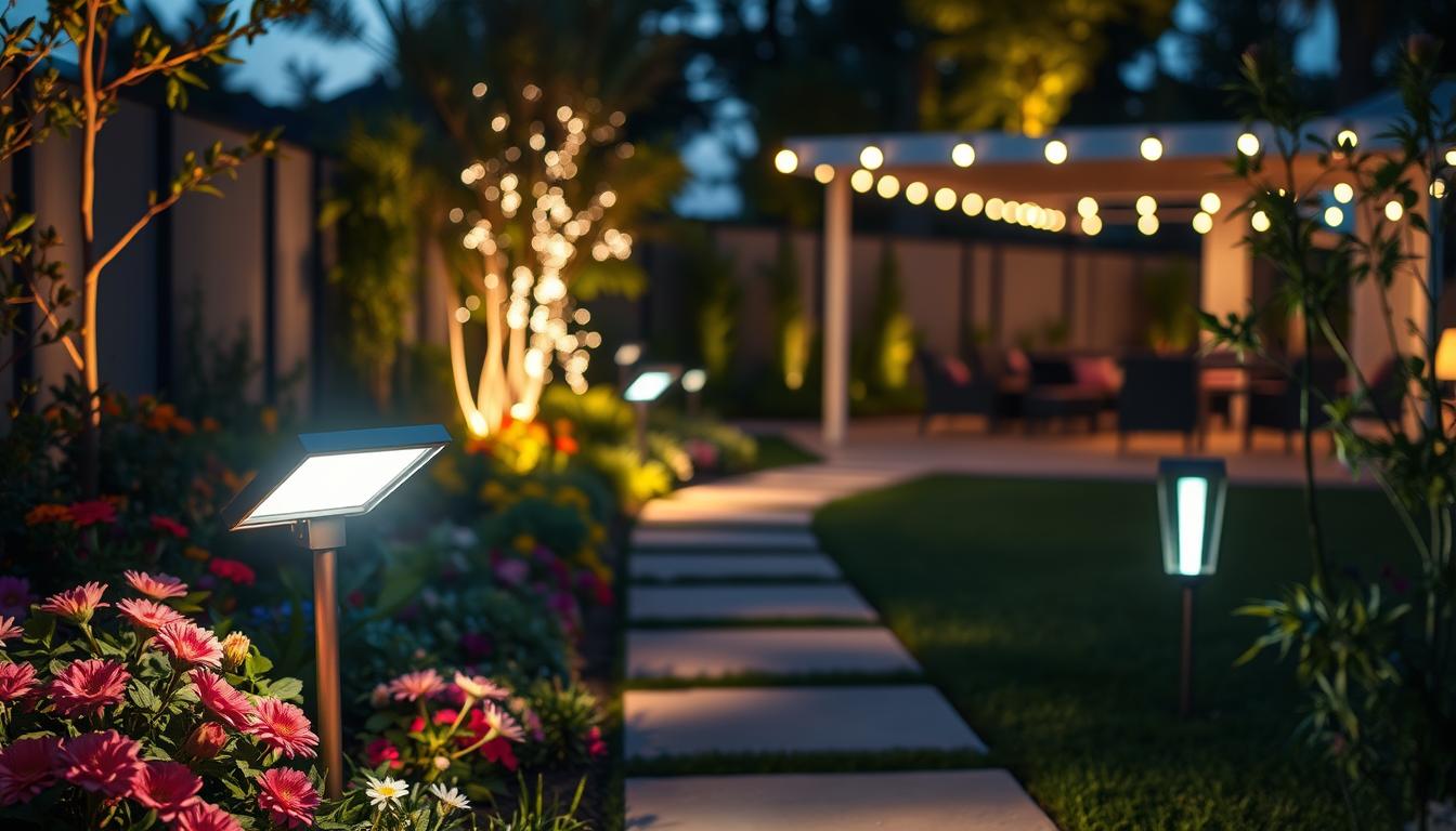 A visually stunning outdoor scene showcasing advanced LED lighting systems by imltlled in use at dusk. In the foreground, a sleek, modern LED luminaire illuminates a landscaped garden, highlighting vibrant flowers and lush greenery with a warm, inviting glow. The middle ground features a pathway softly lit by a series of LED garden lights, creating a magical ambiance. In the background, a stylish outdoor patio area is accentuated by decorative LED strips, enhancing the space's aesthetic appeal. The ambiance is peaceful and serene, with a focus on the durability and efficiency of LED technology. Emphasize the sleek design of the luminaires, showcasing their resistant materials and innovative lens structure, capturing the essence of maintenance-free lighting solutions that stand the test of time. Ensure the image is free of text or branding overlays.