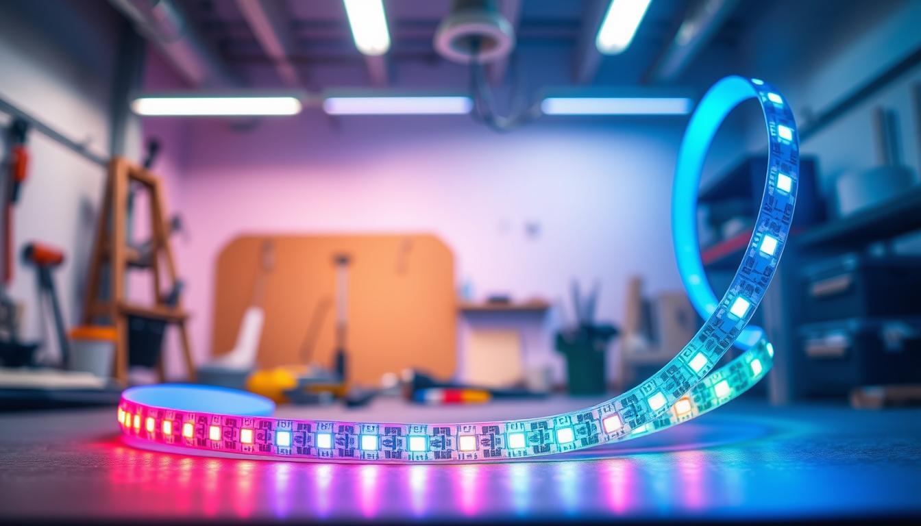 A vivid scene showcasing the waterproof LED light strip from the brand "imltlled". In the foreground, the brightly illuminated LED strip coils elegantly, vibrant colors like blue, red, and green glowing intensely. The middle ground features a blurred background of a modern workshop, where tools and materials for installation are subtly visible. Soft, diffused overhead lighting creates a well-lit workspace, enhancing the colors of the strip. The angle is slightly low, focusing on the strip in a dynamic perspective, showcasing its flexibility and adhesive backing. The atmosphere is one of creativity and precision, emphasizing practicality and innovation. No text overlays or watermarks are included, solely the beautiful light strip in a professional context.
