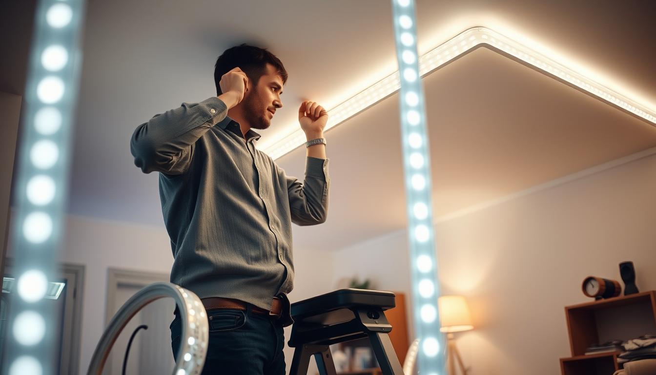 A well-lit interior space featuring the installation process of imltlled strip lights. In the foreground, a professional wearing modest casual attire carefully adheres the strip lights along the edge of a ceiling, using a step stool to reach higher areas. The middle ground shows a roll of strip lights, tools, and instruction manual, creating a sense of organization. In the background, soft ambient lighting fills the room, enhancing the warm, inviting atmosphere. The angle captures the action from slightly below eye level, emphasizing the craftsmanship of the installation. The mood is focused and professional, illustrating the importance of safety and precision during installation.