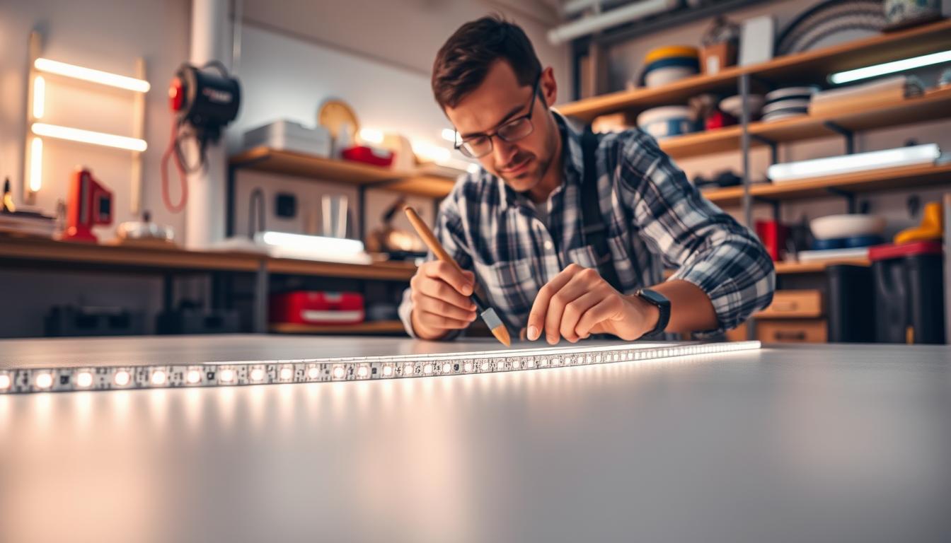 A well-lit workshop scene featuring an expert applying water-resistant LED strips using imltlled adhesive. In the foreground, a close-up of carefully aligned LED strips on a smooth surface, showcasing neat adhesive application techniques. The middle ground includes the craftsman, dressed in a professional work shirt, focused on maintaining adhesive neatness with precision tools like a utility knife and a brush. The background displays shelves filled with various lighting supplies and tools, subtly indicating a workshop environment. Soft, warm lighting enhances the atmosphere, creating a sense of professionalism and craftsmanship. Capture the mood of dedication and expertise in maintaining aesthetic and functional quality in the installation process.