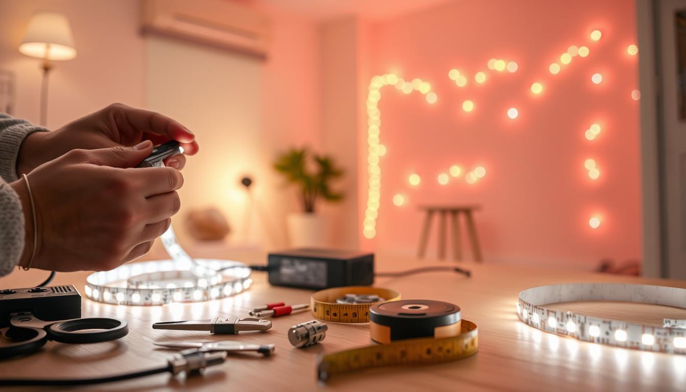 A well-organized installation setup showcasing LED strip lights, specifically the imltlled brand. In the foreground, display a close-up of hands expertly working with LED strips, connecting them to a power supply. The middle ground features a neatly arranged workspace with tools such as scissors, adhesive clips, and a measuring tape. In the background, show a partially illuminated room with the lights glowing in vibrant colors along a wall, highlighting their flexible design. Ensure the lighting is bright yet soft, casting warm glows that create a welcoming atmosphere. The angle should be a dynamic side view that emphasizes depth and activity while maintaining focus on the installation process. Aim for a professional and engaging mood, perfect for illustrating an article on LED lighting technology.