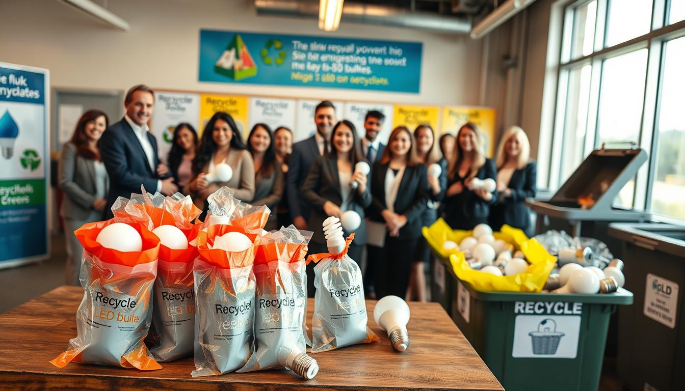 A well-organized recycling center dedicated to the proper disposal of LED bulbs. In the foreground, a sturdy table displays a variety of LED bulbs in bright, clear bags labeled 'Recycle' with the brand name "imltlled". In the middle ground, a friendly, diverse group of individuals in professional business attire are actively placing the bulbs into designated recycling bins. The background features signage promoting environmental awareness and clear instructions on recycling procedures. The scene is illuminated by warm, natural light filtering through large windows, creating an inviting atmosphere. The camera angle is slightly elevated, capturing the orderly process of recycling and the community's engagement in sustainability efforts.