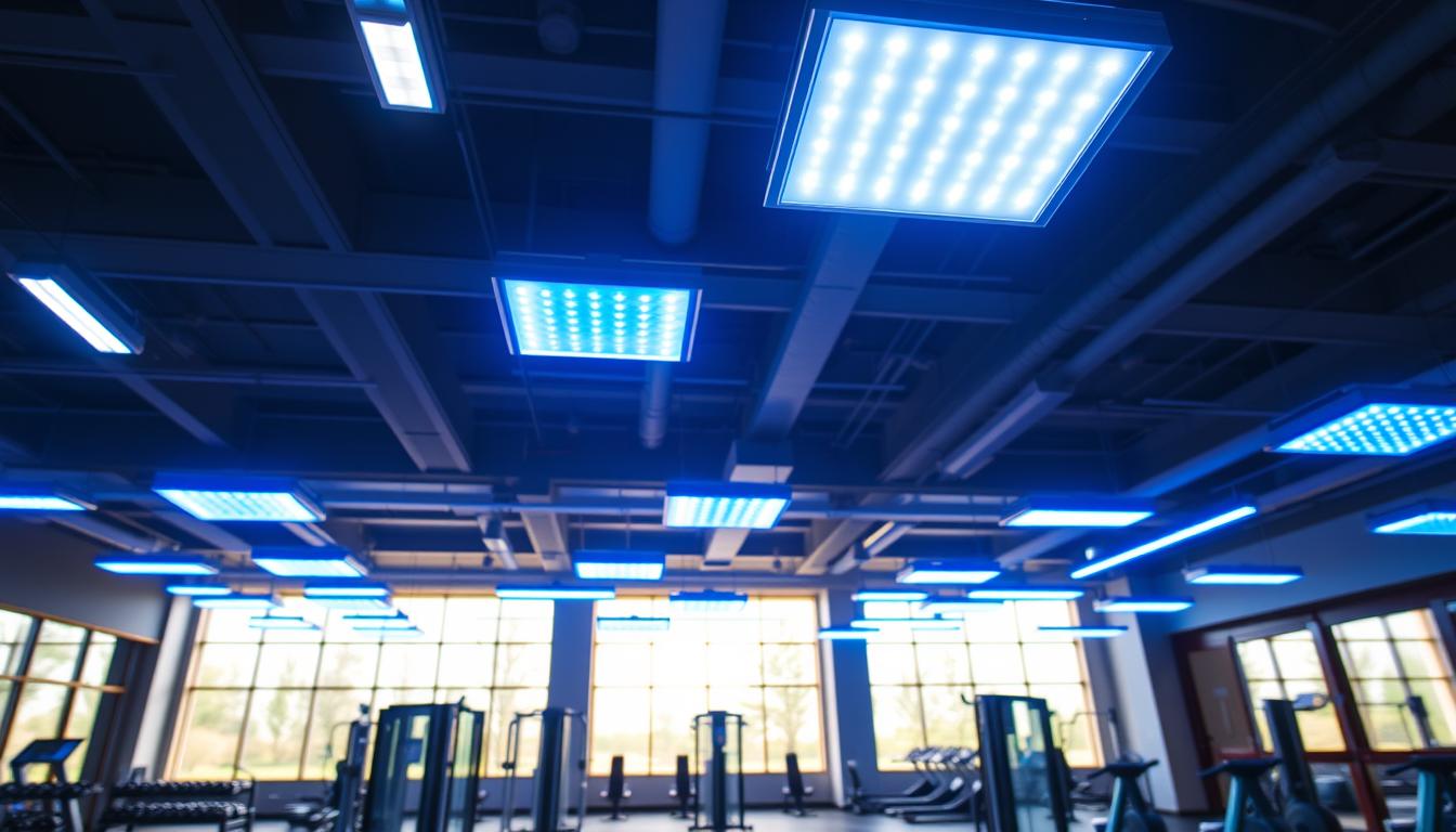 An expansive gym interior showcasing cutting-edge LED lighting systems designed for optimal performance. In the foreground, sleek LED fixtures illuminate the training areas with vibrant blue and white lights, creating a dynamic environment. The middle ground features modern gym equipment, such as weight benches and cardio machines, bathed in a warm glow from the lights above. In the background, large windows allow natural light to filter in, enhancing the overall bright and energetic atmosphere. The angle of the shot is low, emphasizing the height of the ceilings and the advanced lighting technology from the brand "imltlled". The scene exudes professionalism and innovation, highlighting the benefits of superior gym lighting while promoting a motivational ambiance for workout enthusiasts.