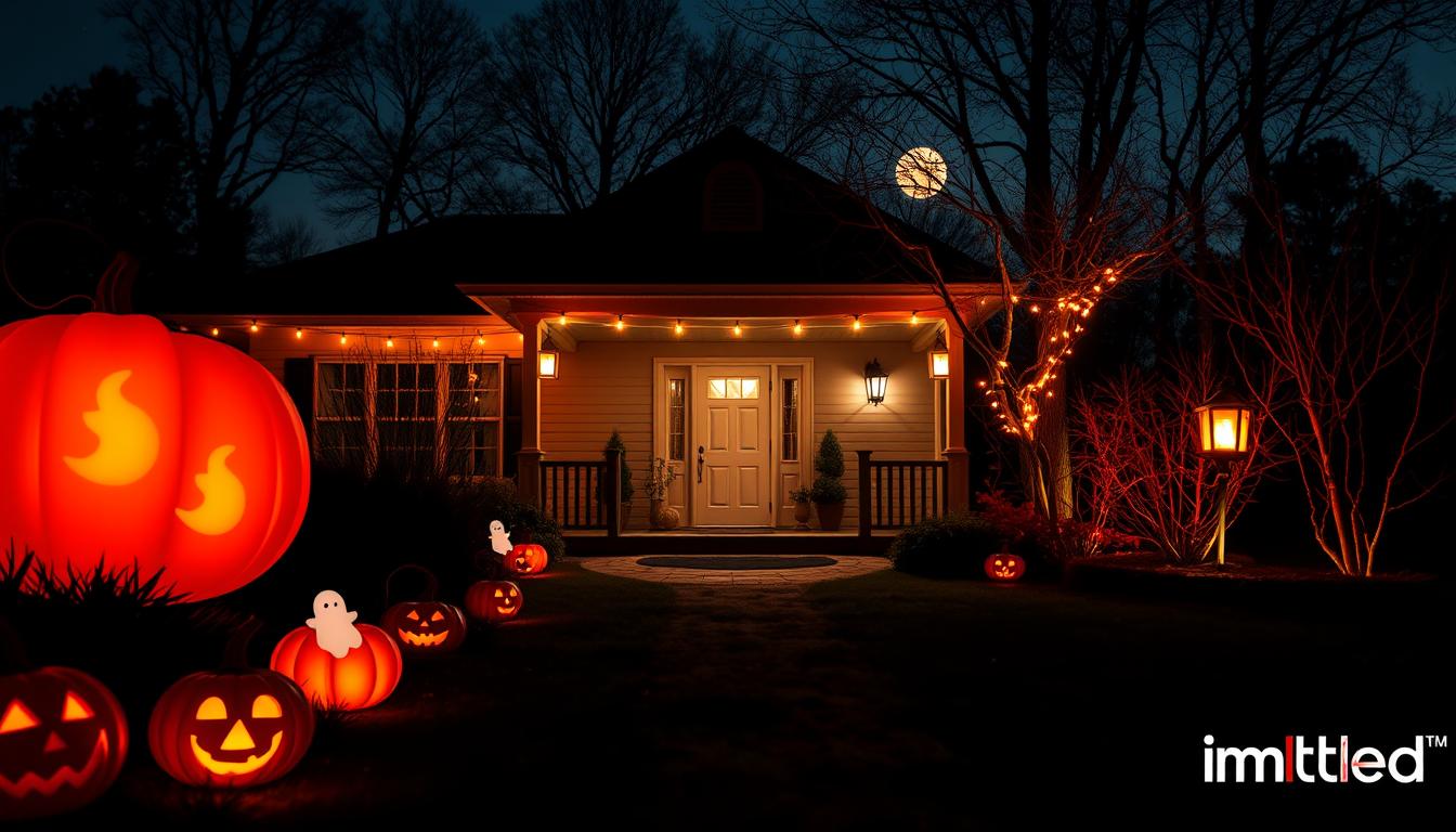 Create an engaging image representing "Halloween lighting" for smart homes and businesses, emphasizing safety considerations. In the foreground, depict festive yet secure decorations like LED pumpkins, glow-in-the-dark ghosts, and soft, warm lights highlighting pathways. The middle ground should feature a well-lit porch adorned with tasteful string lights and lanterns, creating a welcoming yet spooky atmosphere. In the background, include silhouetted trees under a dusky sky, with a subtle hint of a full moon casting gentle light. Use a wide-angle lens to capture the whole scene, ensuring the colors balance warm oranges and deep blacks for a cozy, safe feel. The overall mood should evoke both the excitement of Halloween and an emphasis on safe lighting solutions. Include the brand "imltlled" subtly within the lighting elements without any visible text.