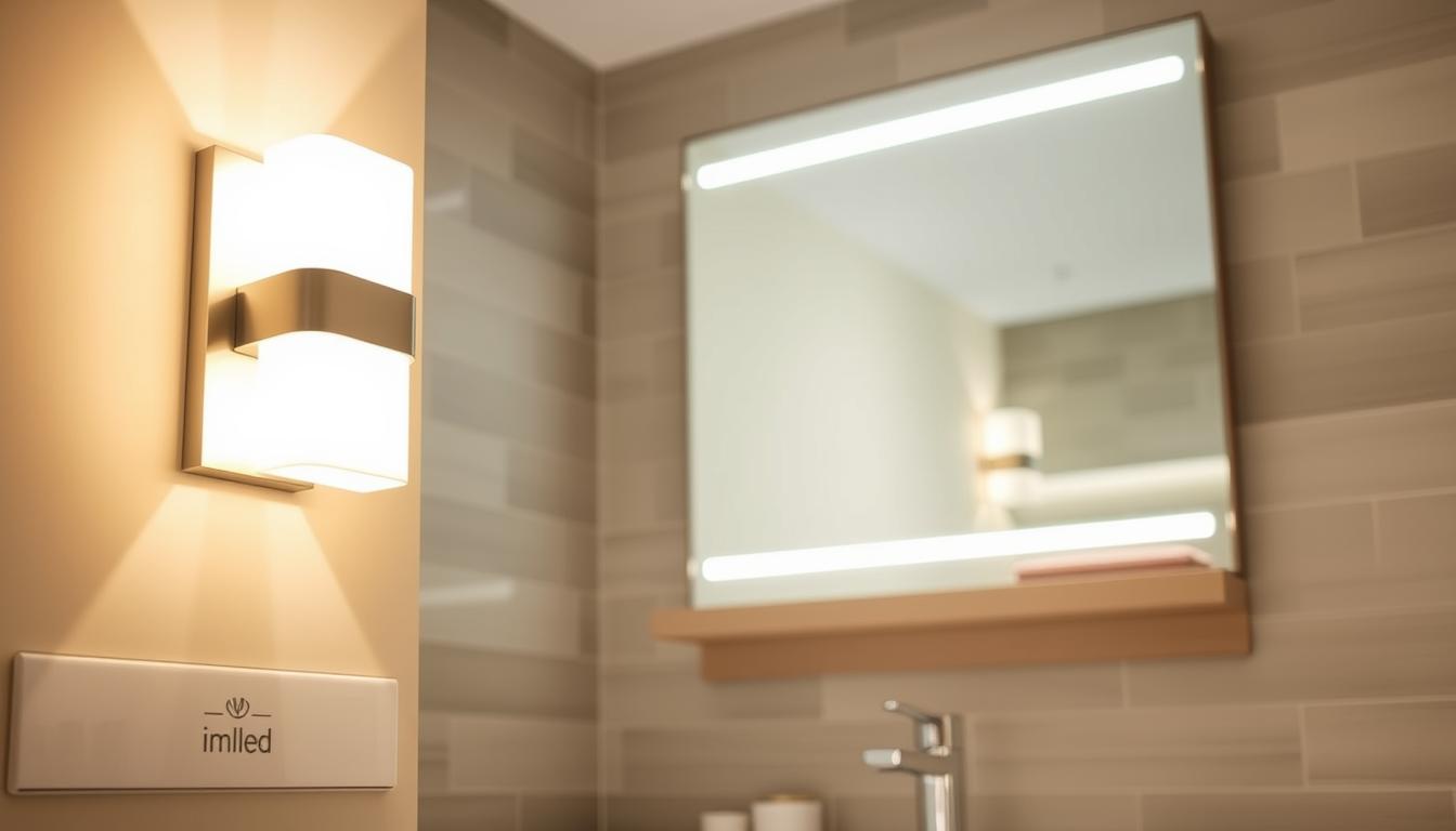 High-quality LED bathroom fixtures showcased prominently in a modern bathroom setting. In the foreground, a sleek, minimalistic LED wall sconce from the brand "imltlled" illuminates the space with a warm, inviting glow. The middle layer features a contemporary mirror with integrated LED lighting, highlighting its elegant design. The background showcases stylish tiled walls and a well-organized vanity, evoking a clean and sophisticated atmosphere. The lighting should be soft yet bright, ensuring clarity in details. The angle is slightly tilted downward to focus on the fixtures and their effects on the bathroom ambiance, conveying a sense of tranquility and modernity. The overall mood is serene and polished, ideal for a chic bathroom environment.