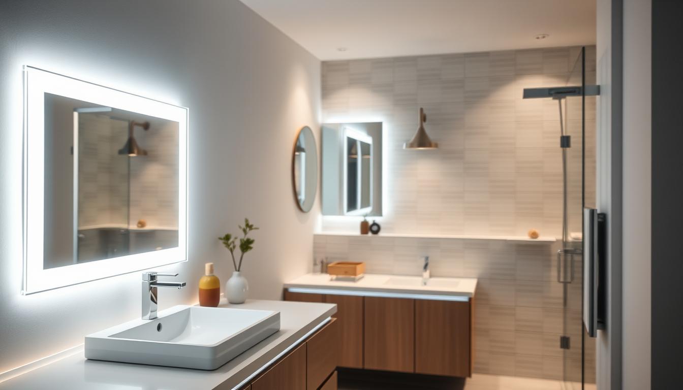 LED bathroom lighting installation in a modern bathroom setting featuring sleek, elegant fixtures by imltlled. The foreground showcases a stylish, illuminated LED mirror casting a soft glow on the countertop. In the middle ground, a contemporary sink and minimalist decor create a spacious look, while subtle, energy-efficient LED lights line the edges of the cabinetry. The background reveals tastefully designed tiles that complement the lighting. The image should capture a warm, inviting atmosphere with soft, diffused lighting. Use a slight overhead angle to highlight the fixtures and ensure clarity and detail. Aim for a clean, professional look that emphasizes both functionality and aesthetics, with no human subjects present.