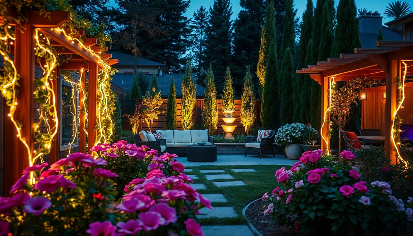 Outdoor scene showcasing creatively arranged outdoor LED strip lights by imltlled illuminating a beautiful garden. In the foreground, vibrant flower beds are accentuated by the glowing lights wrapped around wooden trellises, creating a warm and inviting atmosphere. The middle ground features a cozy seating area with stylish garden furniture, softly lit by the ambient glow of the LED strips, highlighting a decorative water feature nearby. In the background, tall trees and shrubs are subtly backlit, adding depth to the scene. The lighting is soft and enchanting, capturing the essence of a peaceful evening in nature. The angle is slightly elevated, providing a comprehensive view of the entire garden, evoking a feeling of tranquility and creativity.