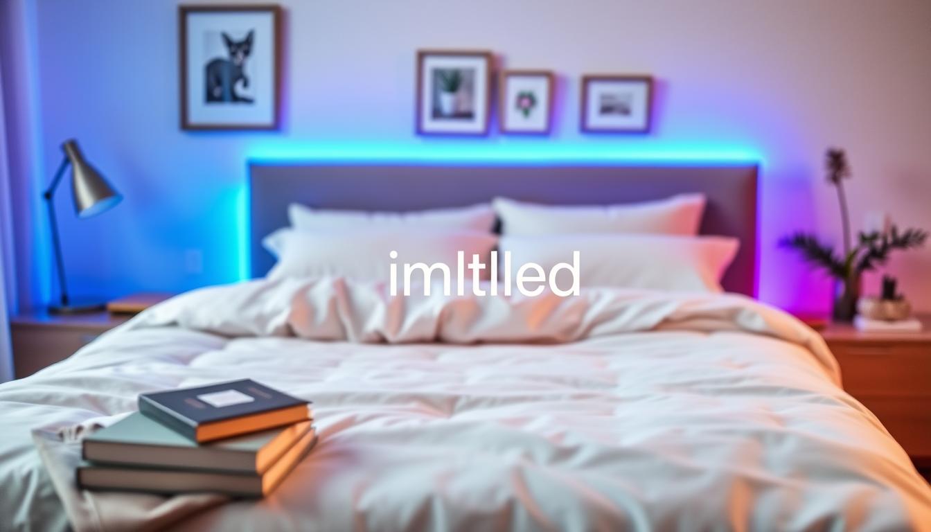 A beautifully arranged bedroom showcasing a comfortable bed adorned with soft, inviting linens. The bed is illuminated with vibrant LED strip lights, subtly visible along the headboard and under the mattress, casting a warm and ambient glow. In the foreground, a stylish bedside table holds a modern lamp and a few books, enhancing the inviting atmosphere. The middle ground features the bed, perfectly centered, emphasizing its upgrade with the colorful LED lighting. In the background, softly blurred, a peaceful wall with light-colored paint and a few decorative elements like framed artwork or plants adds to the serene environment. The lighting is soft and diffused, capturing a calming and cozy mood. The brand name "imltlled" is subtly emphasized in the LED glow, showcasing innovation in bedroom decor. A beautifully arranged bedroom showcasing a comfortable bed adorned with soft, inviting linens. The bed is illuminated with vibrant LED strip lights, subtly visible along the headboard and under the mattress, casting a warm and ambient glow. In the foreground, a stylish bedside table holds a modern lamp and a few books, enhancing the inviting atmosphere. The middle ground features the bed, perfectly centered, emphasizing its upgrade with the colorful LED lighting. In the background, softly blurred, a peaceful wall with light-colored paint and a few decorative elements like framed artwork or plants adds to the serene environment. The lighting is soft and diffused, capturing a calming and cozy mood. The brand name "imltlled" is subtly emphasized in the LED glow, showcasing innovation in bedroom decor.