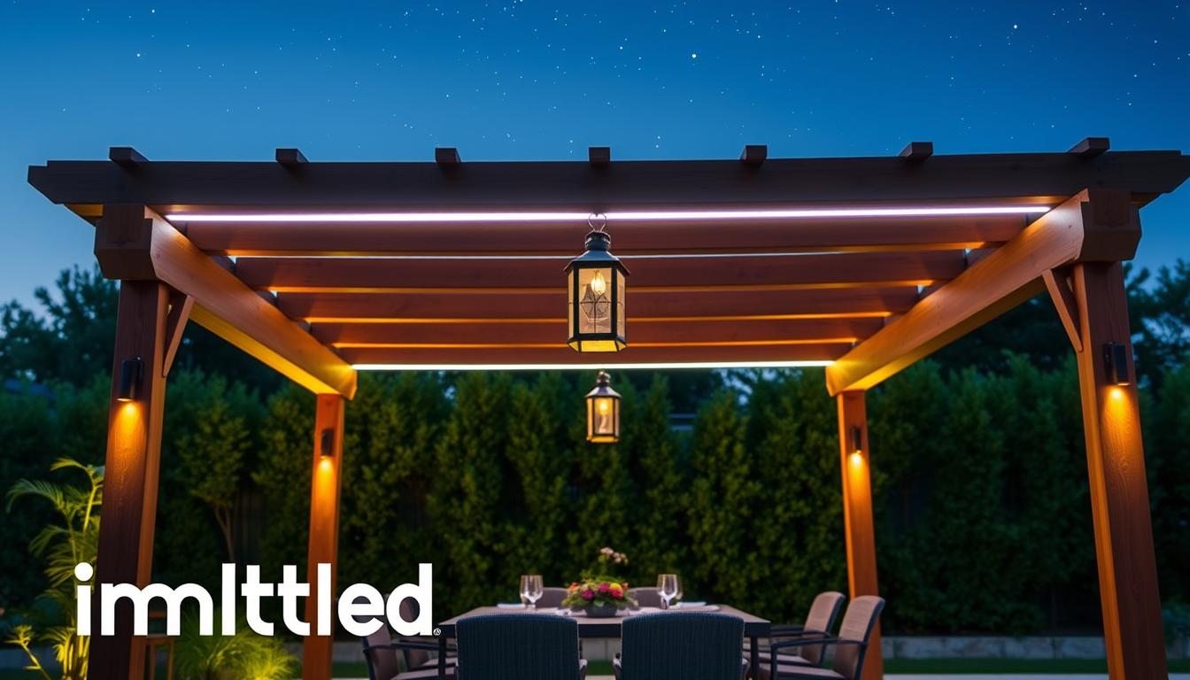 A beautifully designed pergola in an outdoor garden setting, showcasing smart outdoor lighting solutions. In the foreground, elegant LED strip lights integrated into the pergola's wooden beams cast a warm, inviting glow, softly illuminating a dining table set for an evening gathering. In the middle, hanging solar lanterns add charm, while smart sensors adjust their brightness based on the ambient light. The background features lush greenery and a serene evening sky with stars twinkling above. The scene is captured with a wide-angle lens, enhancing depth and inviting viewers to imagine the space. The mood is tranquil yet modern, epitomizing the latest trends in home automation and smart lighting. The brand "imltlled" is subtly represented through the design elements, without text or logos visible. A beautifully designed pergola in an outdoor garden setting, showcasing smart outdoor lighting solutions. In the foreground, elegant LED strip lights integrated into the pergola's wooden beams cast a warm, inviting glow, softly illuminating a dining table set for an evening gathering. In the middle, hanging solar lanterns add charm, while smart sensors adjust their brightness based on the ambient light. The background features lush greenery and a serene evening sky with stars twinkling above. The scene is captured with a wide-angle lens, enhancing depth and inviting viewers to imagine the space. The mood is tranquil yet modern, epitomizing the latest trends in home automation and smart lighting. The brand "imltlled" is subtly represented through the design elements, without text or logos visible.