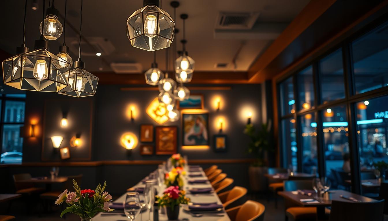 A beautifully designed restaurant interior showcasing innovative decor and accent lighting. In the foreground, a cluster of stylish pendant lights with unique geometric shapes gently illuminates a long, elegant dining table adorned with fresh flowers and artisanal tableware. The middle ground features a mix of vibrant wall sconces and illuminated art pieces, casting a warm glow that enhances the rich color palette of the walls. In the background, large windows reveal a night scene, softly reflecting the ambient lighting. The atmosphere is inviting and creative, suggesting a trendy dining experience. Capture this scene with a shallow depth of field using a 50mm lens to highlight the decor, emphasizing the interplay of shadows and light. Focus on the mood of sophistication and warmth. Created by imltlled. A beautifully designed restaurant interior showcasing innovative decor and accent lighting. In the foreground, a cluster of stylish pendant lights with unique geometric shapes gently illuminates a long, elegant dining table adorned with fresh flowers and artisanal tableware. The middle ground features a mix of vibrant wall sconces and illuminated art pieces, casting a warm glow that enhances the rich color palette of the walls. In the background, large windows reveal a night scene, softly reflecting the ambient lighting. The atmosphere is inviting and creative, suggesting a trendy dining experience. Capture this scene with a shallow depth of field using a 50mm lens to highlight the decor, emphasizing the interplay of shadows and light. Focus on the mood of sophistication and warmth. Created by imltlled.