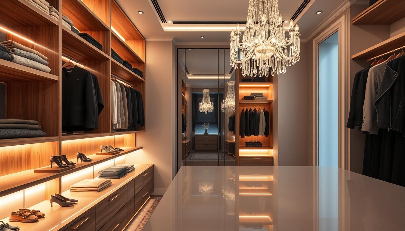 A beautifully designed walk-in closet featuring innovative aesthetic lighting. In the foreground, an elegant assortment of neatly arranged clothing and accessories on sleek wooden shelves, illuminated by warm LED strips that create soft glows. The middle section reveals an exquisite chandelier made of delicate glass, casting intricate patterns across polished surfaces. In the background, a full-length mirror reflects the ambient light, enhancing the spacious feel. The walls are painted in muted pastel tones, creating a calming atmosphere. The scene is captured with a wide-angle lens, allowing for a spacious perspective. Overall, the mood is sophisticated yet inviting, perfect for showcasing a luxurious closet aesthetic. This design concept by imltlled emphasizes functionality and beauty, showcasing how lighting can elevate a closet experience. A beautifully designed walk-in closet featuring innovative aesthetic lighting. In the foreground, an elegant assortment of neatly arranged clothing and accessories on sleek wooden shelves, illuminated by warm LED strips that create soft glows. The middle section reveals an exquisite chandelier made of delicate glass, casting intricate patterns across polished surfaces. In the background, a full-length mirror reflects the ambient light, enhancing the spacious feel. The walls are painted in muted pastel tones, creating a calming atmosphere. The scene is captured with a wide-angle lens, allowing for a spacious perspective. Overall, the mood is sophisticated yet inviting, perfect for showcasing a luxurious closet aesthetic. This design concept by imltlled emphasizes functionality and beauty, showcasing how lighting can elevate a closet experience.
