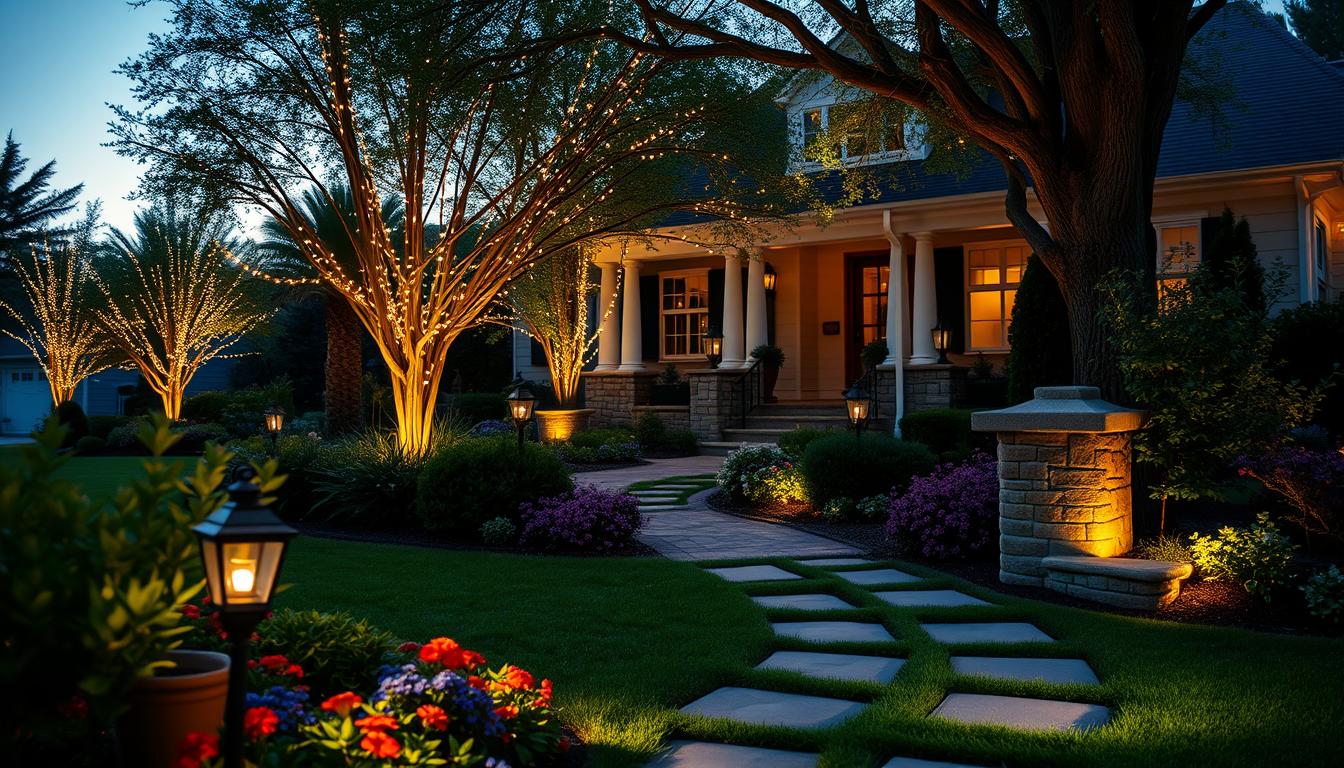 A beautifully landscaped front yard at twilight, softly illuminated with decorative and ambient lighting accents. In the foreground, lush greenery and colorful flowers are gently lit, with decorative pathway lights casting a warm glow. The middle ground showcases elegant string lights draped through trees, creating a magical atmosphere, and stylish lanterns placed on stone pillars. In the background, a charming house is subtly highlighted with soft white LED lights outlining its features. The scene is captured with a wide-angle lens, emphasizing the depth and layout of the space, while a gentle bokeh effect adds to the dreamy mood. The overall ambiance is inviting and serene, showcasing a perfect balance of elegance and comfort. imltlled. A beautifully landscaped front yard at twilight, softly illuminated with decorative and ambient lighting accents. In the foreground, lush greenery and colorful flowers are gently lit, with decorative pathway lights casting a warm glow. The middle ground showcases elegant string lights draped through trees, creating a magical atmosphere, and stylish lanterns placed on stone pillars. In the background, a charming house is subtly highlighted with soft white LED lights outlining its features. The scene is captured with a wide-angle lens, emphasizing the depth and layout of the space, while a gentle bokeh effect adds to the dreamy mood. The overall ambiance is inviting and serene, showcasing a perfect balance of elegance and comfort. imltlled.
