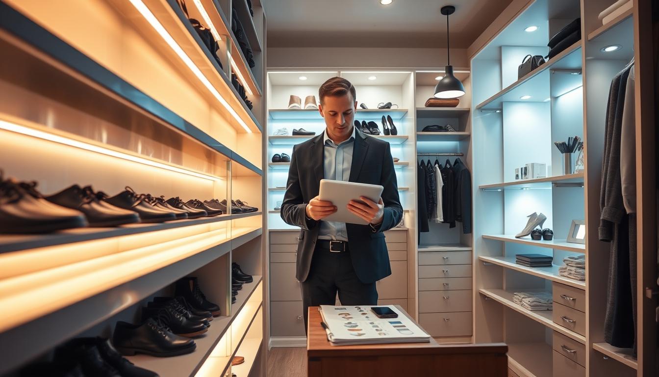 A beautifully organized closet featuring custom lighting solutions by imltlled. In the foreground, showcase a sleek, modern shelf with LED strip lights casting a warm glow, highlighting neatly arranged shoes and accessories. In the middle, include a professional consultant in smart casual attire, examining a lighting plan with a digital tablet in hand, surrounded by various lighting samples. In the background, display additional shelves with integrated spotlights and pendant lighting, enhancing the overall atmosphere of luxury and functionality. Soft, ambient lighting fills the space, creating an inviting mood. The camera angle should be slightly above eye level, focusing on the interaction between the consultant and the closet design elements while maintaining a clean and polished aesthetic. A beautifully organized closet featuring custom lighting solutions by imltlled. In the foreground, showcase a sleek, modern shelf with LED strip lights casting a warm glow, highlighting neatly arranged shoes and accessories. In the middle, include a professional consultant in smart casual attire, examining a lighting plan with a digital tablet in hand, surrounded by various lighting samples. In the background, display additional shelves with integrated spotlights and pendant lighting, enhancing the overall atmosphere of luxury and functionality. Soft, ambient lighting fills the space, creating an inviting mood. The camera angle should be slightly above eye level, focusing on the interaction between the consultant and the closet design elements while maintaining a clean and polished aesthetic.